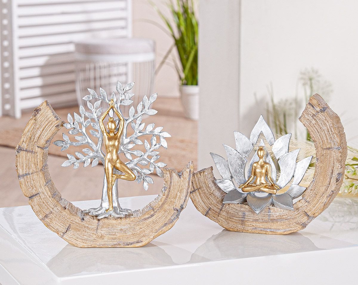Skulptur Yoga Skulpturen Set Namaste – Baum & Lotus, Gold & Silber Akzente