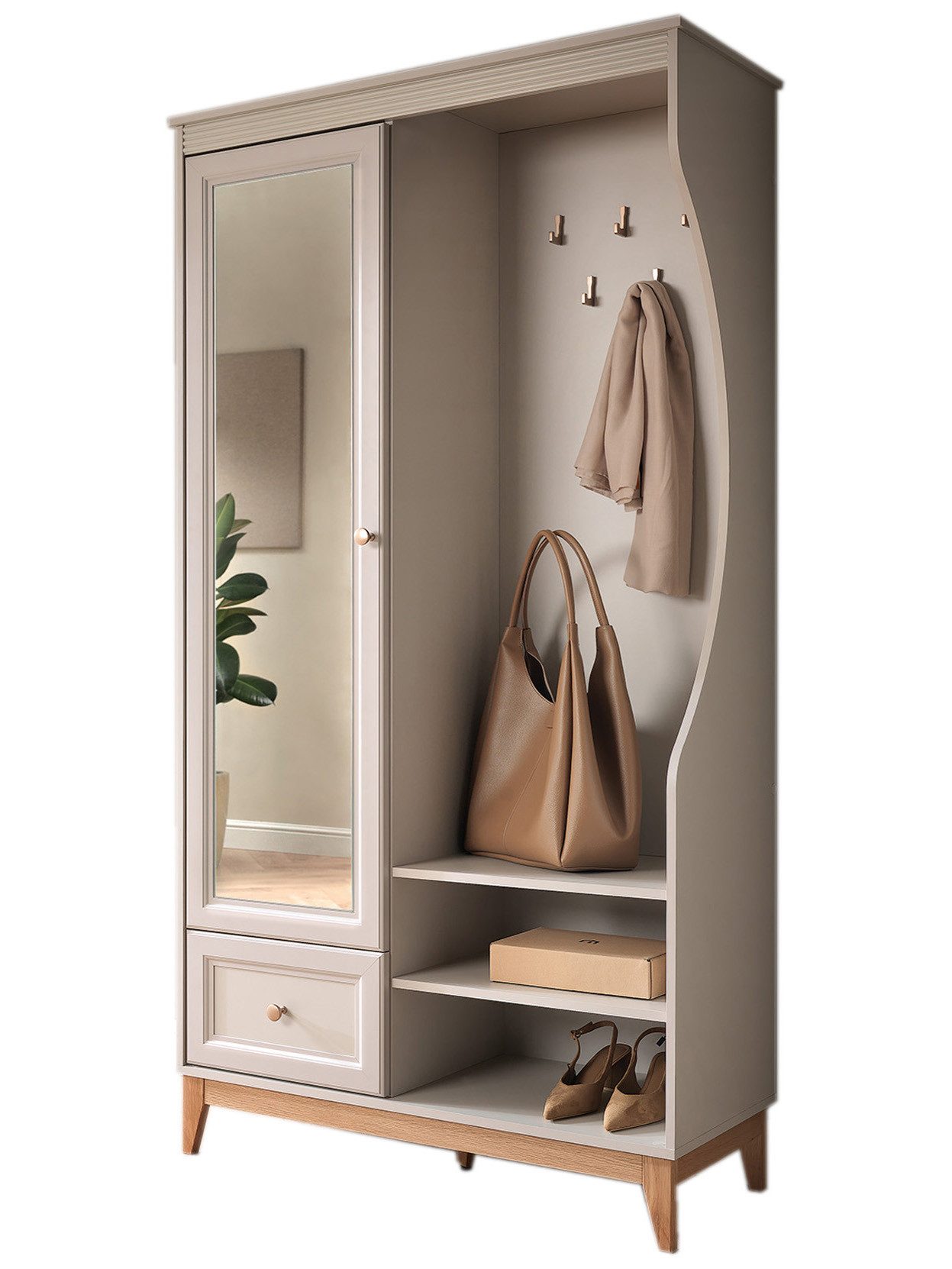 Compleo Garderobenschrank mit Schublade und Spiegel, Holzfüße