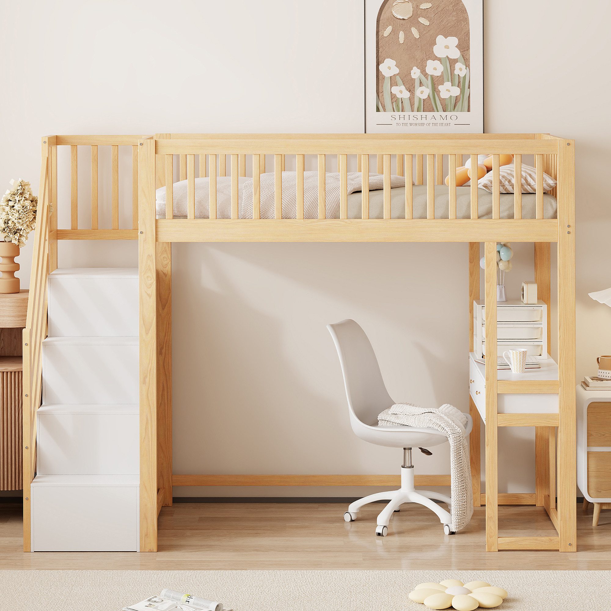Flieks Hochbett Massivholz Kinderbett 90x200cm mit günstig online kaufen