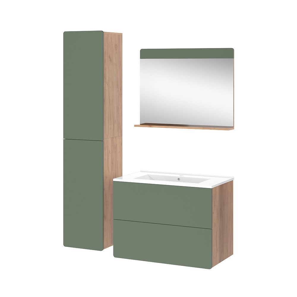 Vicco Badmöbel-Set Izan, Goldkraft Eiche/Grün, 4 Teile mit Hochschrank, (4-St., 4er Set)