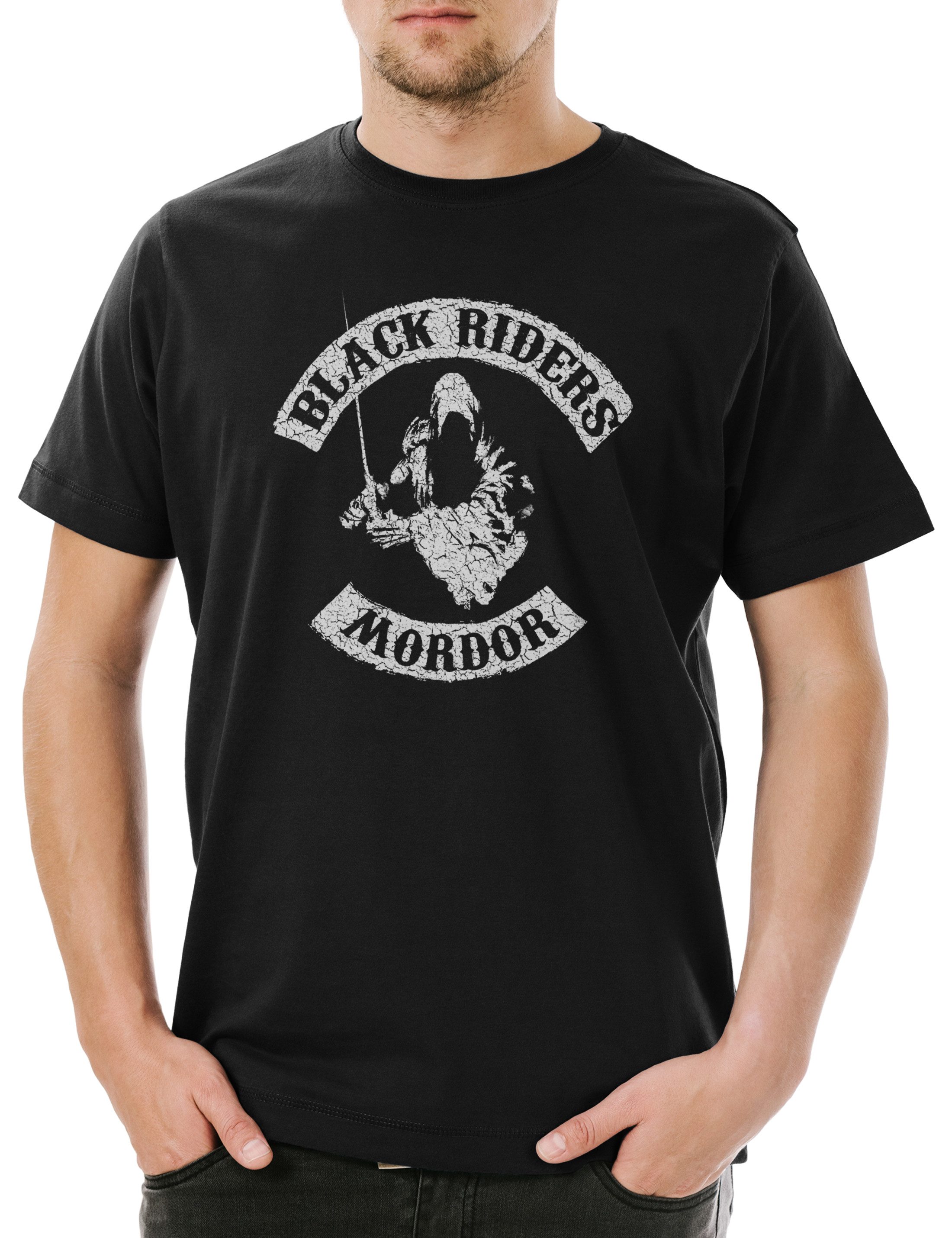 Urban Backwoods Print-Shirt Black Riders MC Herren T-Shirt Lord of Herr der Gondor the Rings Ringe (1-tlg) Sauron Symbol Sign Mittelerde
