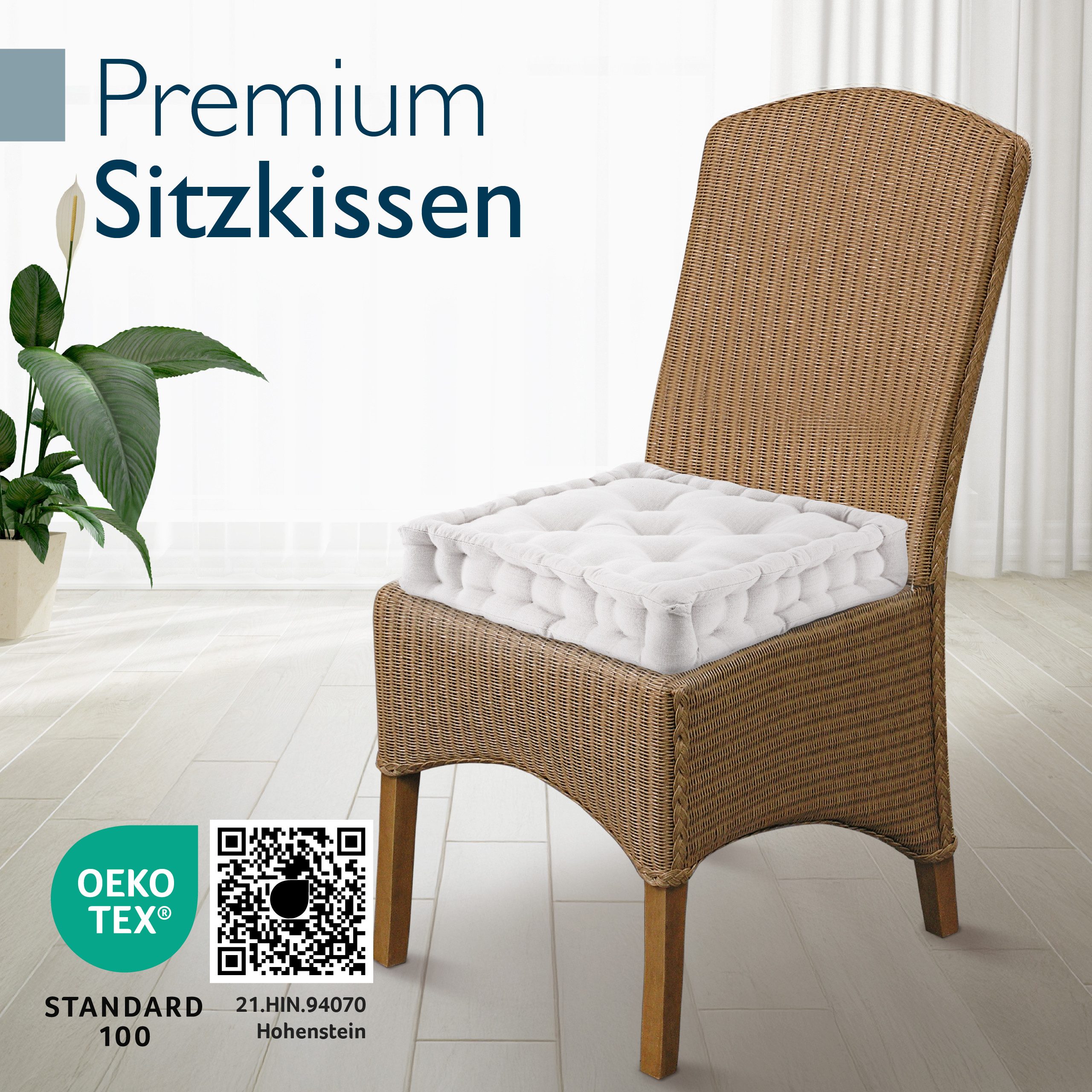 Beautissu Stuhlkissen 4er Set Bodenkissen Sitzkissen Mila, 50x50cm, Natur, Matratzenkissen 10cm, 100% Baumwolle Stuhlkissen Indoor & Outdoor