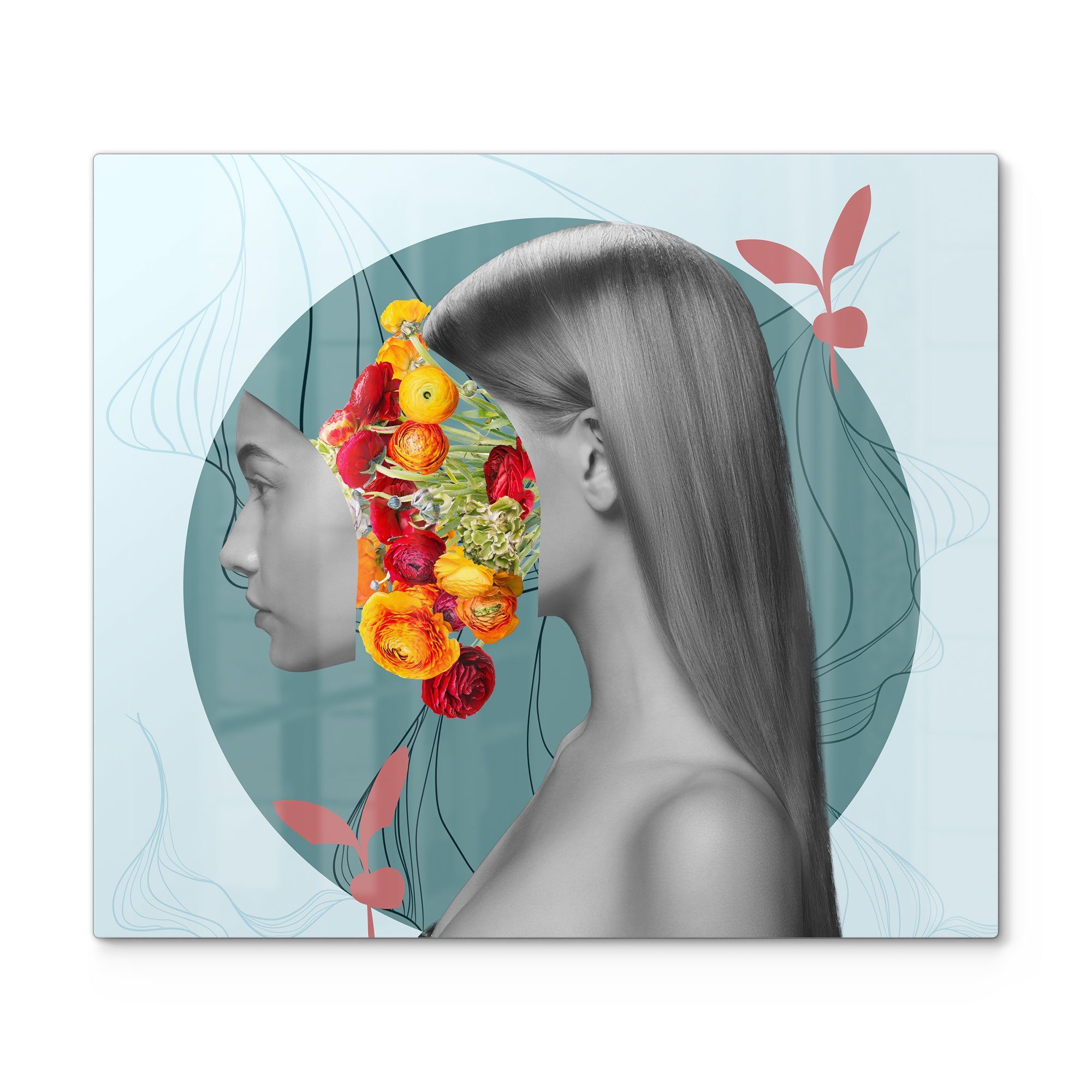DEQORI Herdblende-/Abdeckplatte 'Frau mit Blumen im Kopf', Glas, (1 tlg), Glas Herdabdeckplatte Ceranfeld Herd