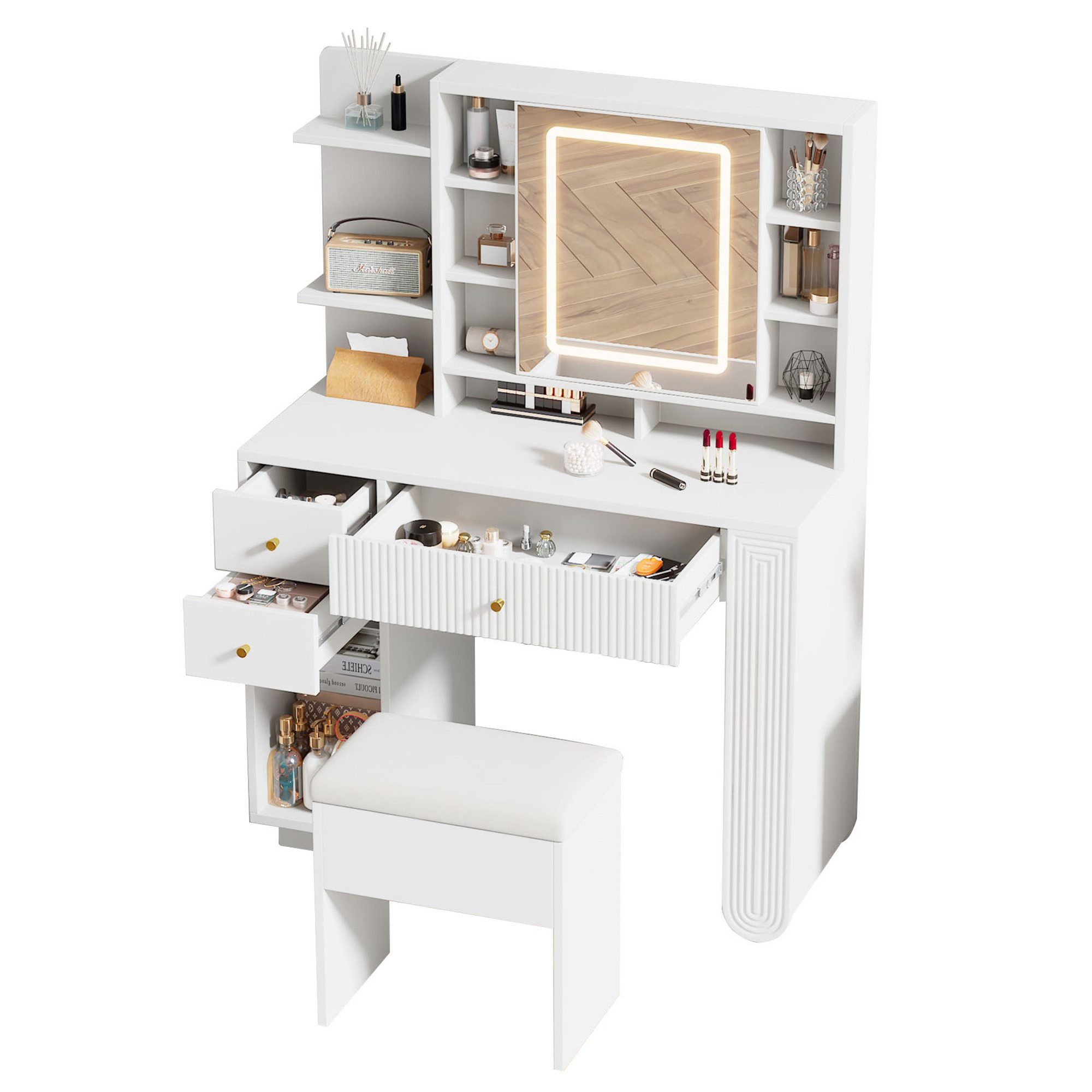 Rutaqian Schminktisch Beleuchteter Schminktisch mit Spiegel & Hocker – Moderner Frisiertisch (1-St), mit Einstellbarer Helligkeit, Schubladen & Offener Ablage,100×40×138cm