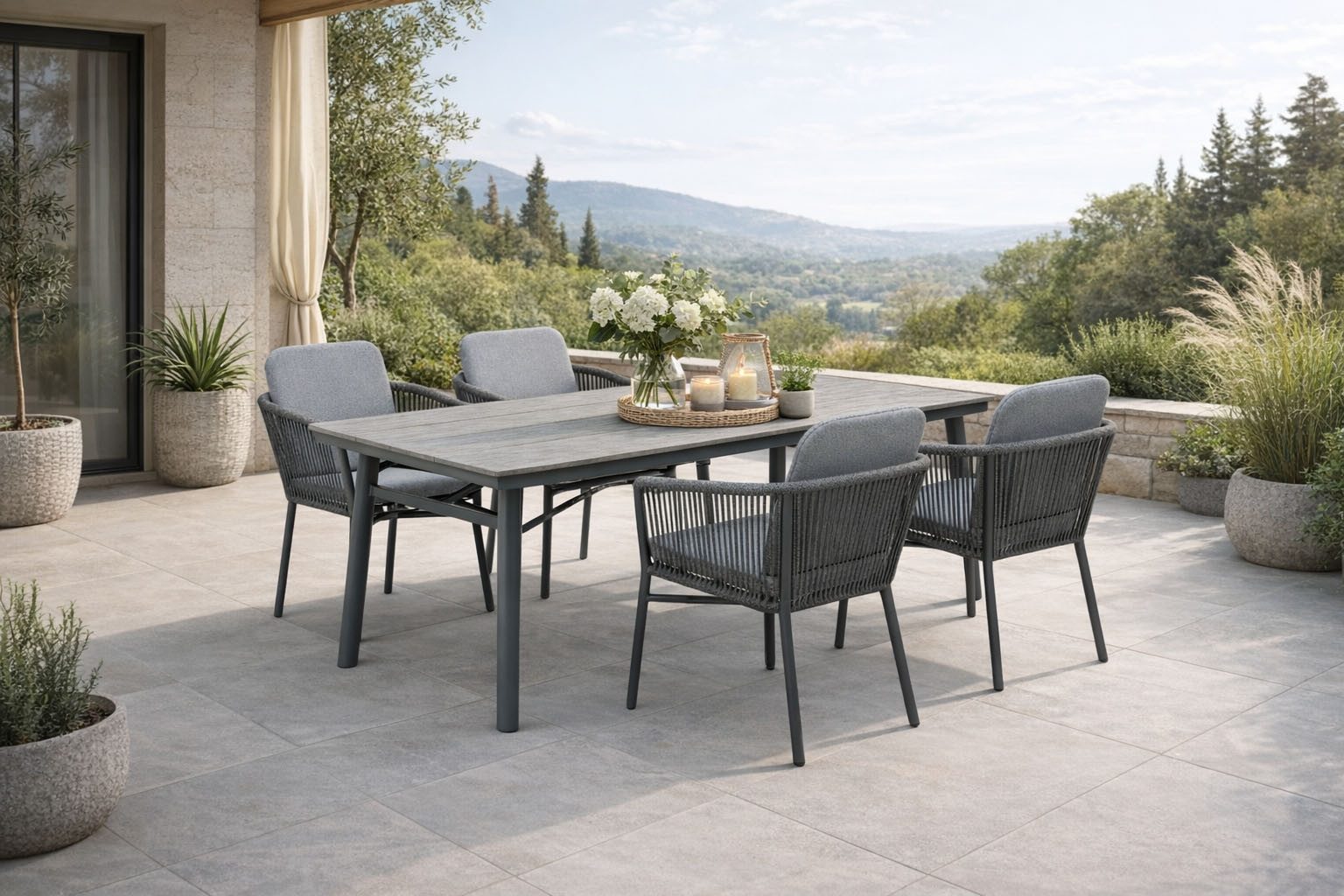 Destiny Garten-Essgruppe LIMONE SAN MARINO 4 Se + Tisch RE 180x90cm, grau, (Set, 5-tlg., 4 Stapelsessel inkl. Polster, 1 Tisch), Aluminium, Rope, Polywood