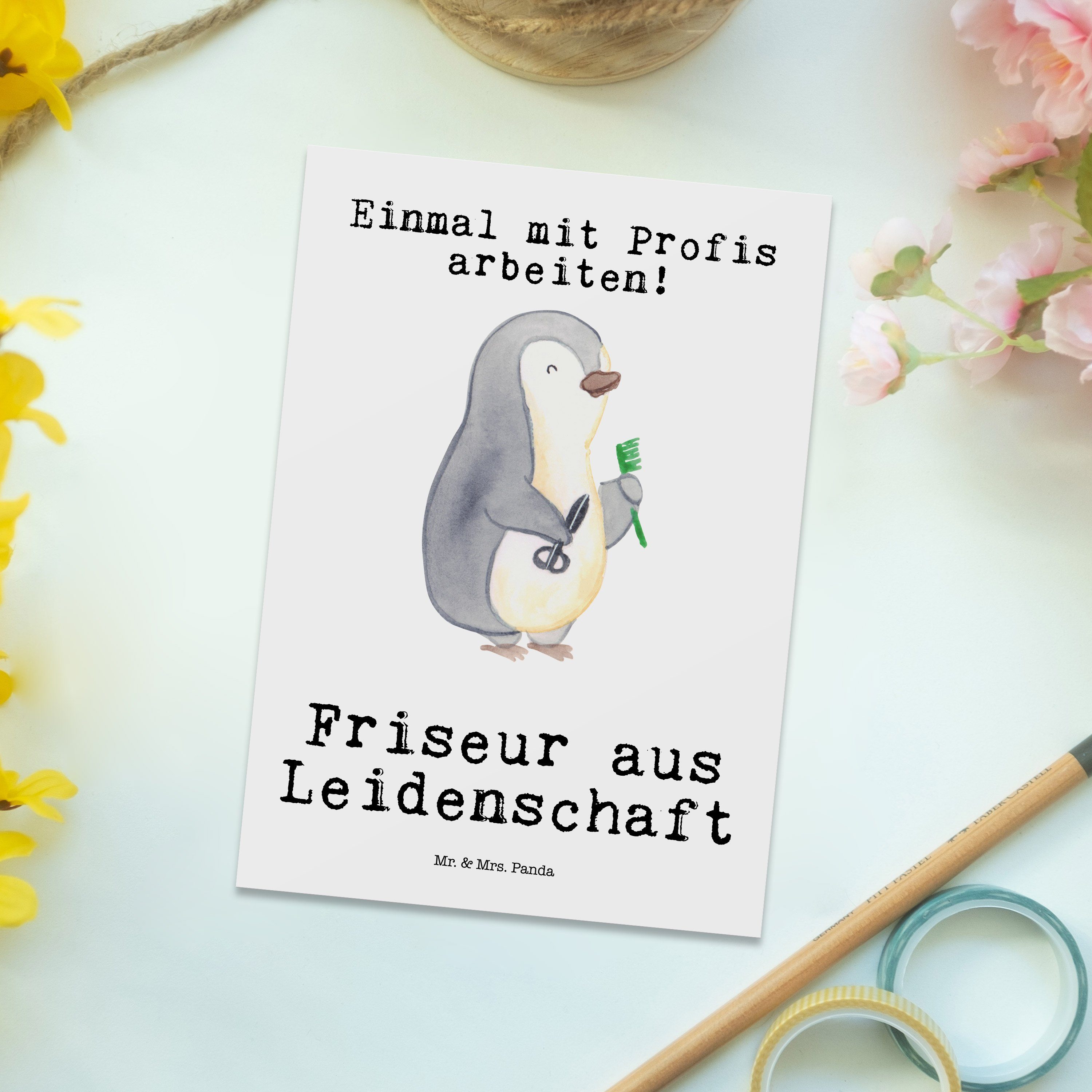 aus & Frisörbesuch, Weiß Panda Geschenk, Einladung Mrs. - Friseur - Mr. Leidenschaft Postkarte