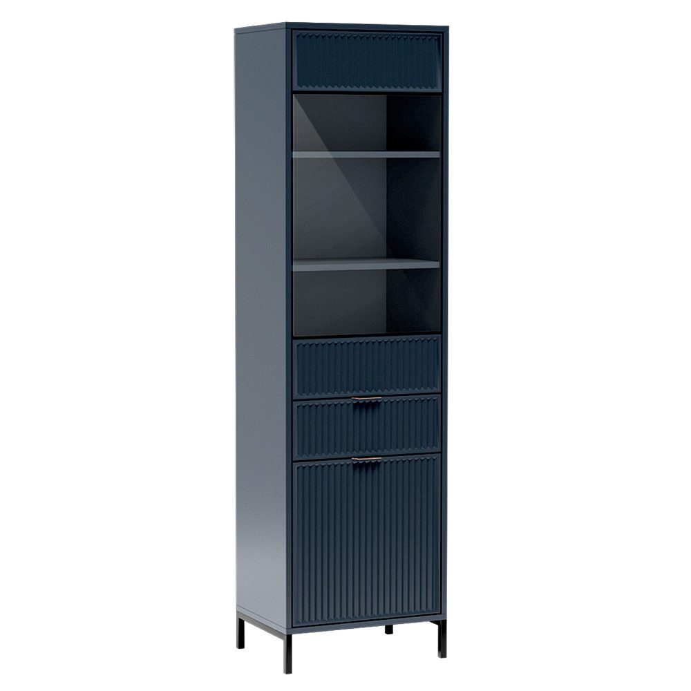 Lomadox Vitrine LAURO-161 Vitrinenschrank Wohnzimmer Indigo blau Rillen B/H/T 55/196/41 cm