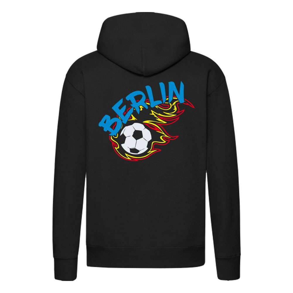 G-graphics Hoodie Berlin in flames – Feuer-Fussball (blau) – mit Front- & Backprint Unisex Pullover mit einem Motiv für den echten Fan