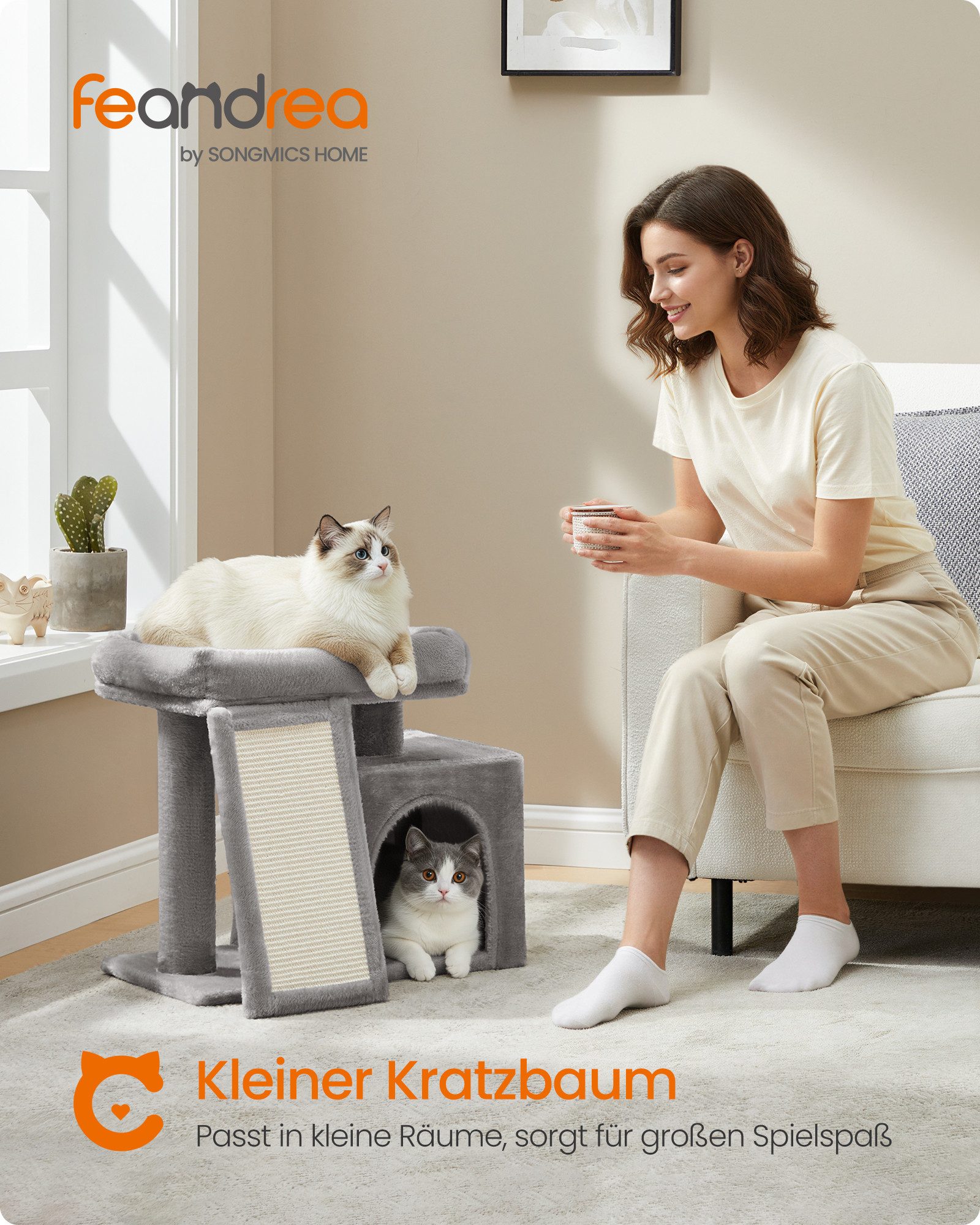 FEANDREA Kratzbaum, 44,6 cm H, Katzenbaum mit Kratzrampe und großer Plattform