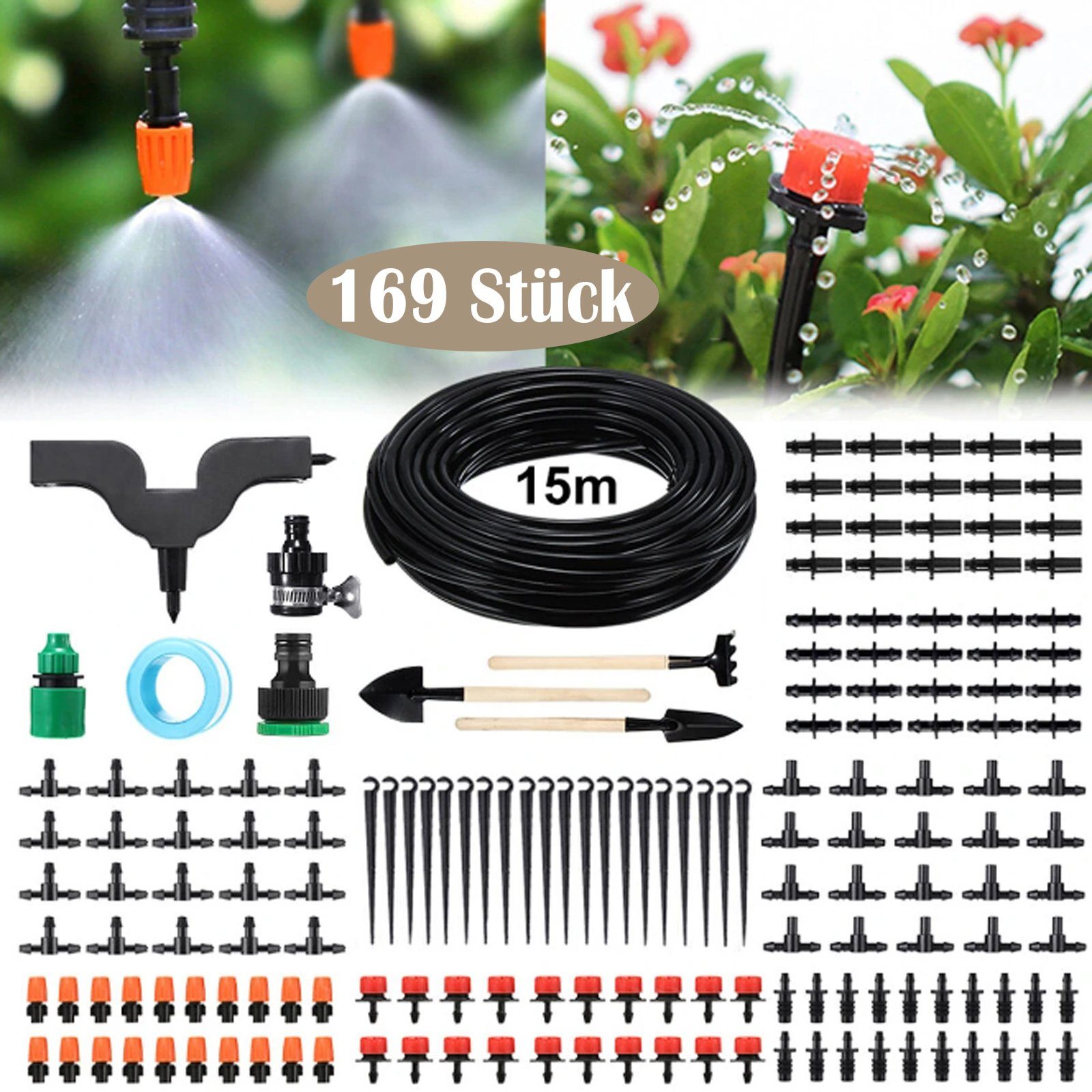 BTTO Bewässerungssystem 15M Bewässerungssystem 169-tlg.Pflanzenbewässerung Tropfschlauch, DIY Bewässerungskit im Boden Tröpfchenbewässerung