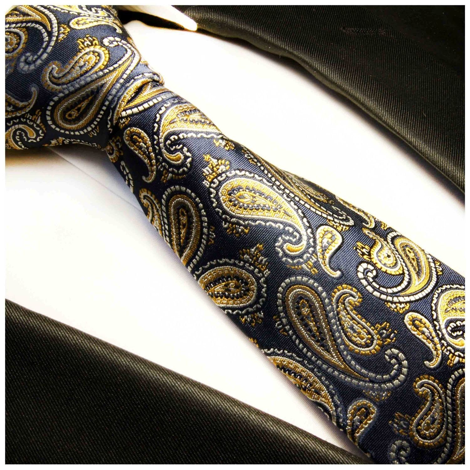 Paul Malone Krawatte paisley Schlips Breit Seidenkrawatte gelb Herren modern blau brokat Seide 365 Elegante (8cm)