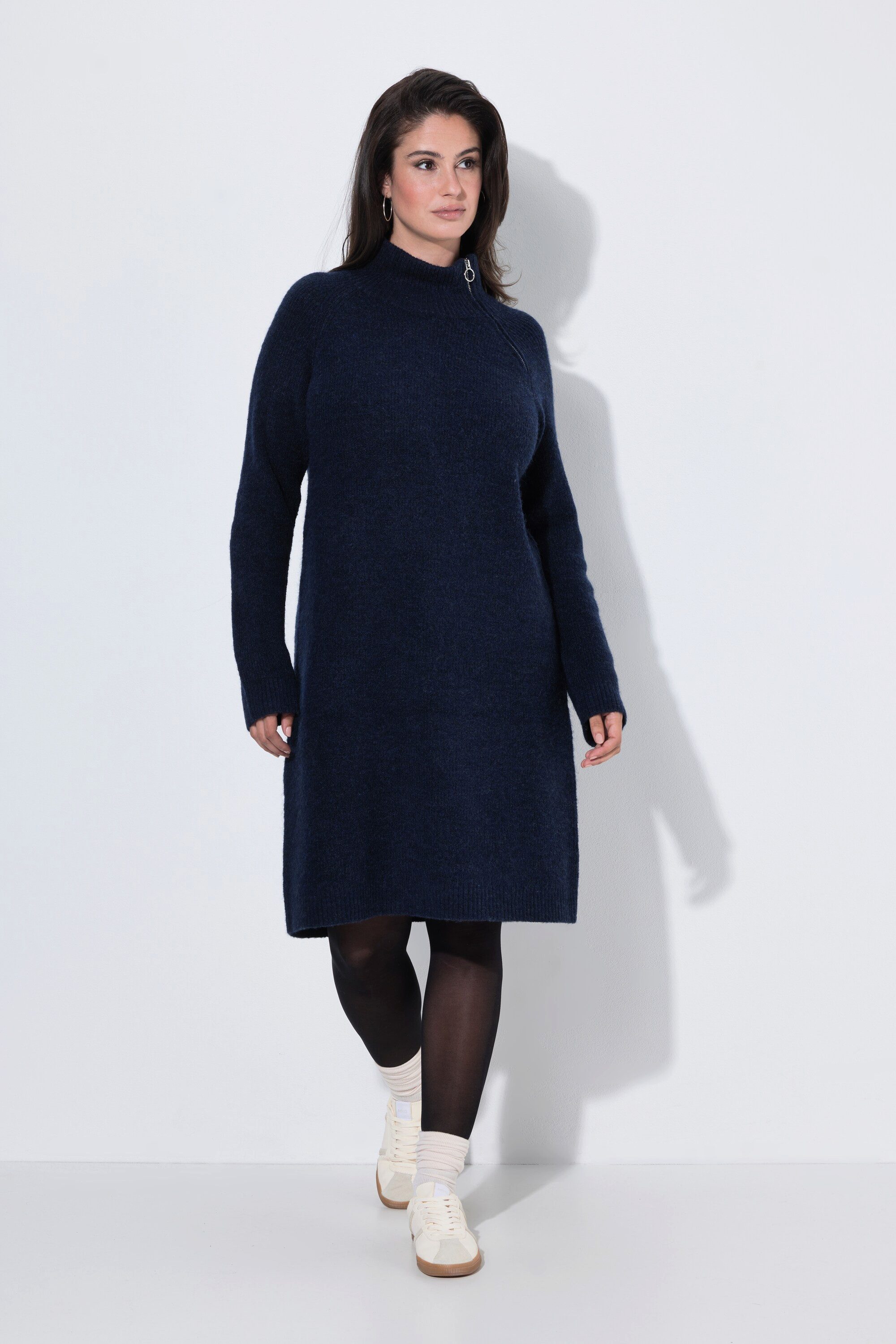 Ulla Popken Midikleid Strickkleid Ripp-Einsätze Troyerkragen Langarm
