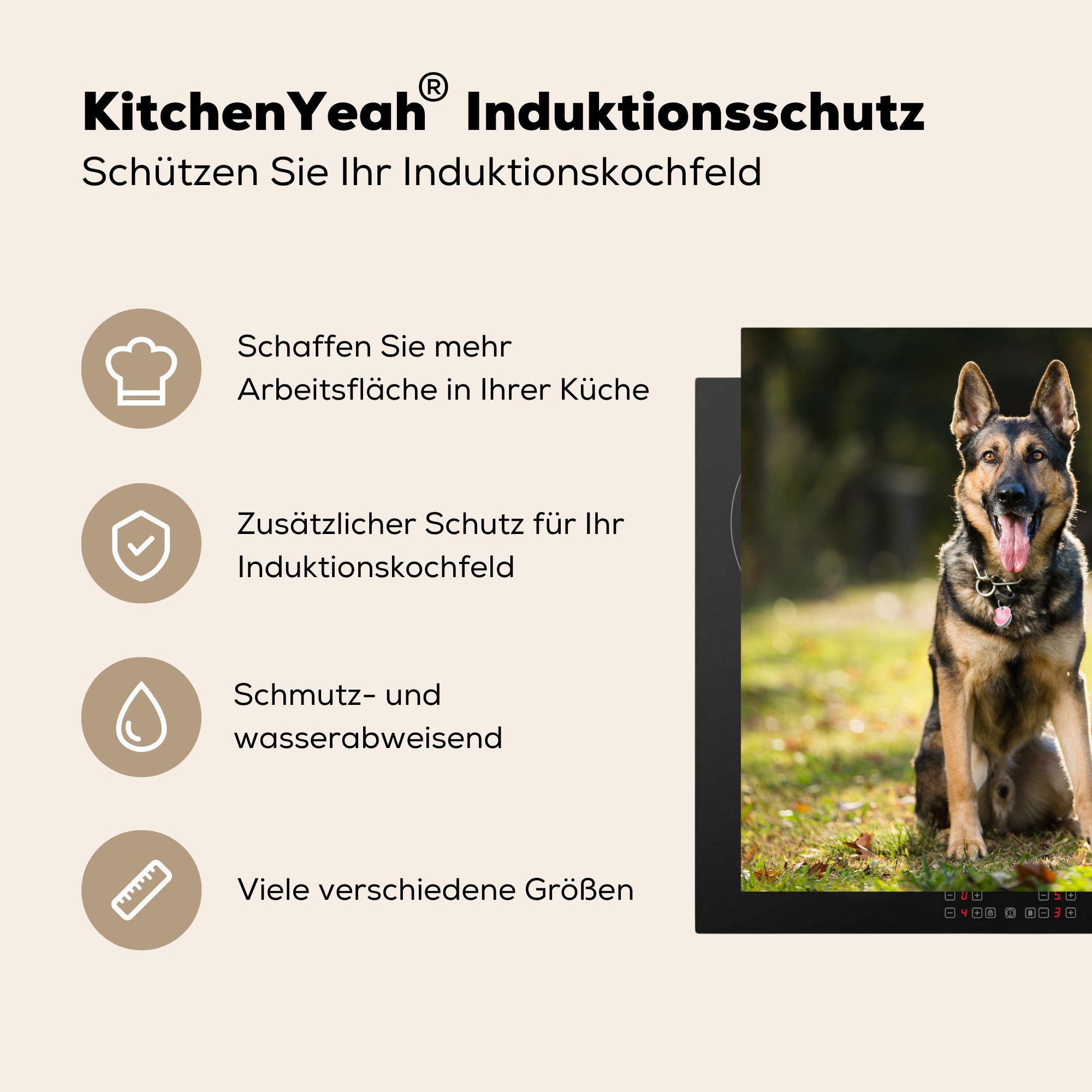 MuchoWow Herdblende-/Abdeckplatte Ein küche Schäferhund tlg), 78x78 grünen Vinyl, im Arbeitsplatte (1 cm, sitzt für Ceranfeldabdeckung, Deutscher Gras