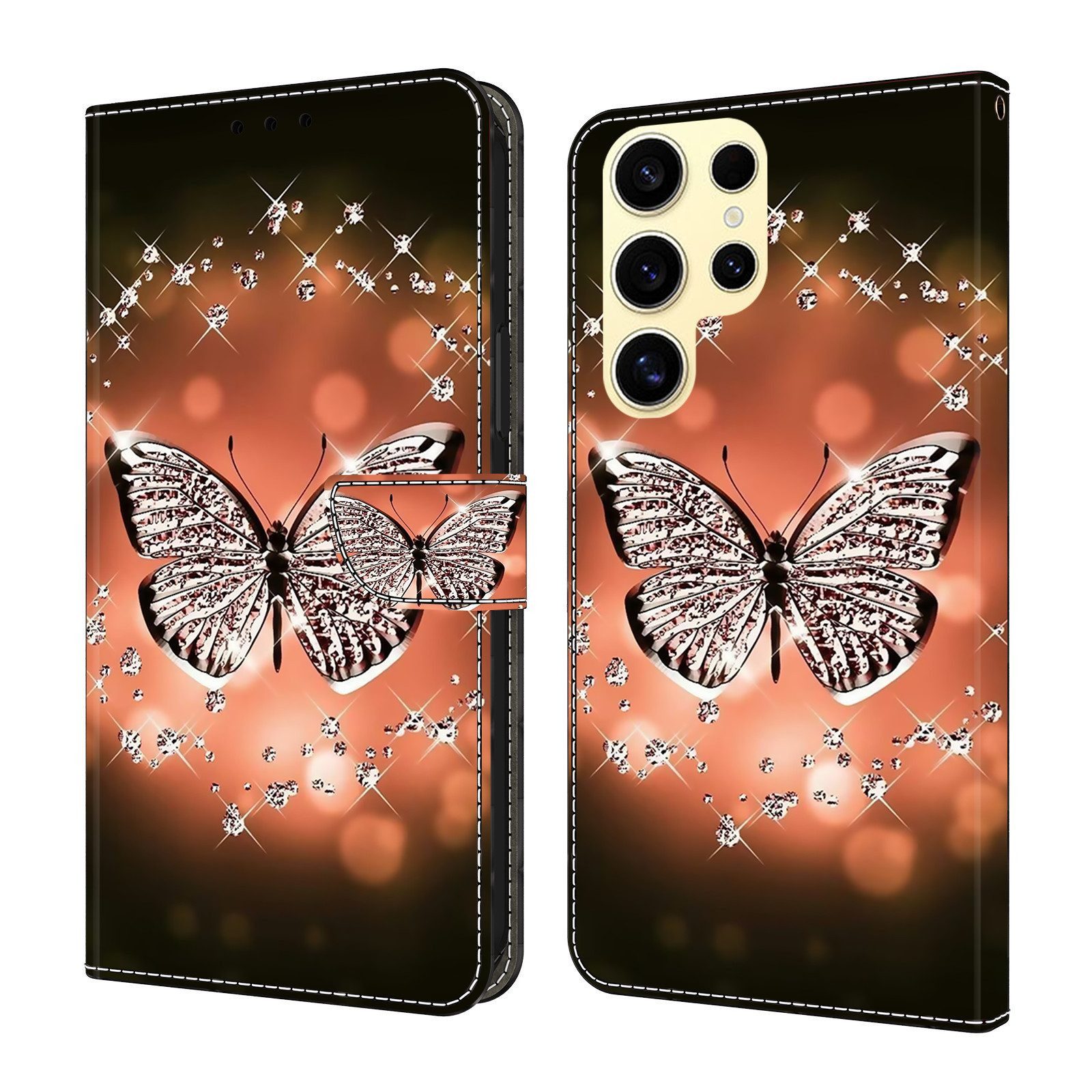 CLM-Tech Handytasche für Samsung Galaxy S26 Ultra Klapphülle aus PU-Leder (Schmetterling Diamanten Muster, 1-tlg., Flip Case), Magnetverschluss, Standfunktion und Kartenfächer