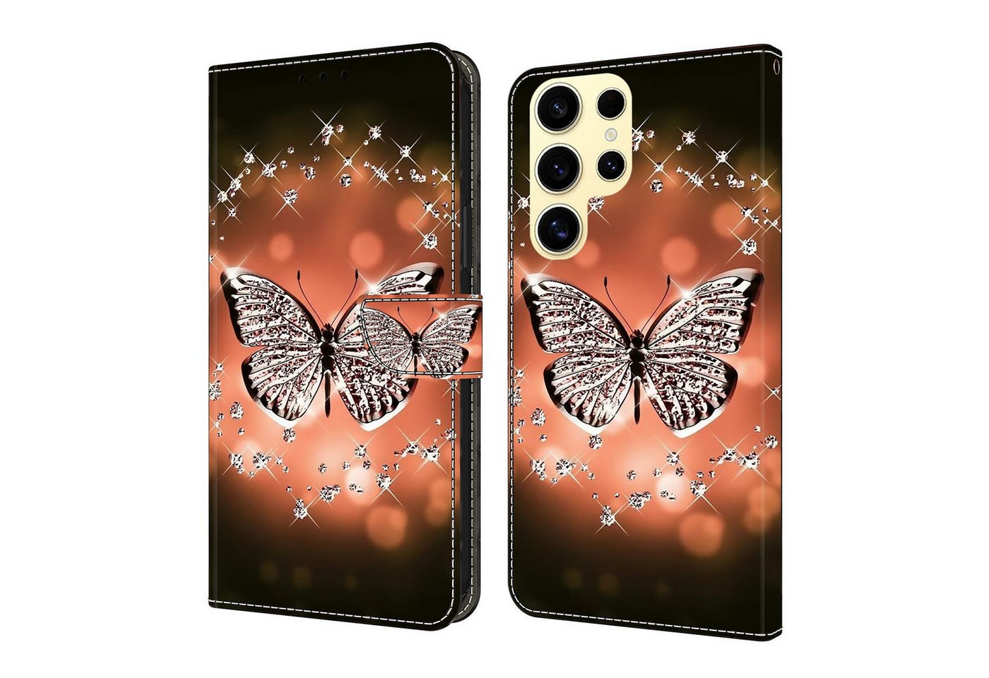 CLM-Tech Handytasche für Samsung Galaxy S26 Ultra Klapphülle aus PU-Leder (Schmetterling Diamanten Muster, 1-tlg., Flip Case), Magnetverschluss, Standfunktion und Kartenfächer