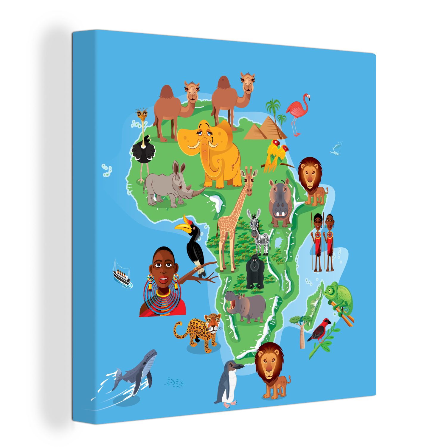 OneMillionCanvasses® Leinwandbild Eine Illustration einer Karte von Afrika mit den Big Five, (1 St), Leinwand Bilder für Wohnzimmer Schlafzimmer