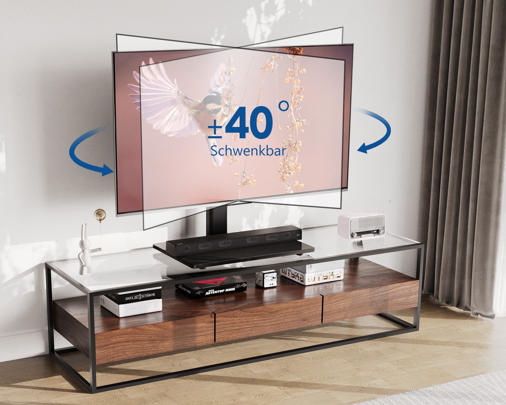 FITUEYES TV-Standfuß TV-Tischständer, ±40° schwenkbar, 32-65 Zoll, (bis 32,00 Zoll, höhenverstellbar, Bodenplatte aus gehärtetem Sicherheitsglas) – Bild 2 von 5