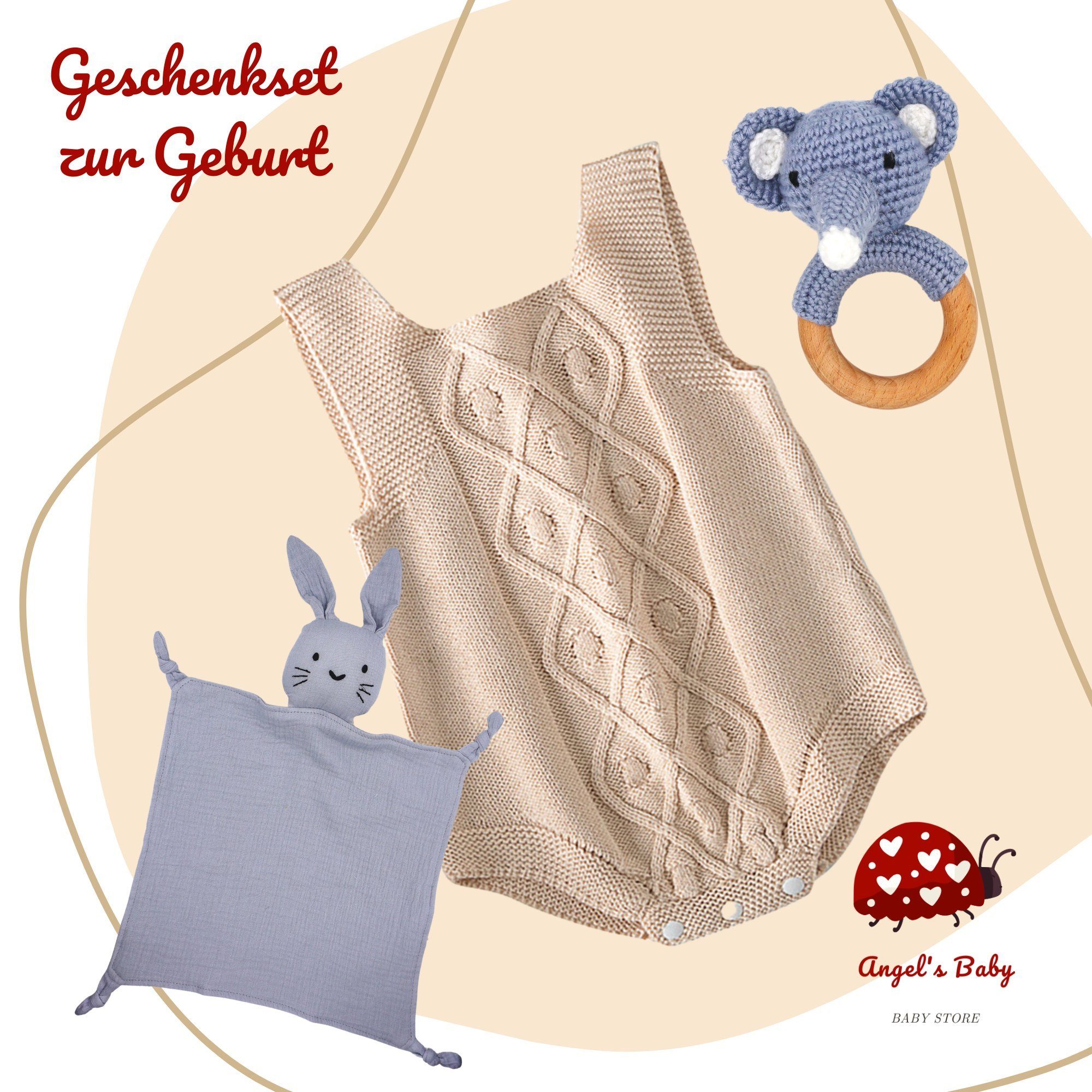 Angel's 1 1 niedlichem Schmusetuch, Neugeborenen-Geschenkset 1 Grußkarte) Greifling, zur (Set, Mädchen für Baby Strickbody kurzer Design in Jungen Geschenkset Beige Strickbody, Baby Geburt, &