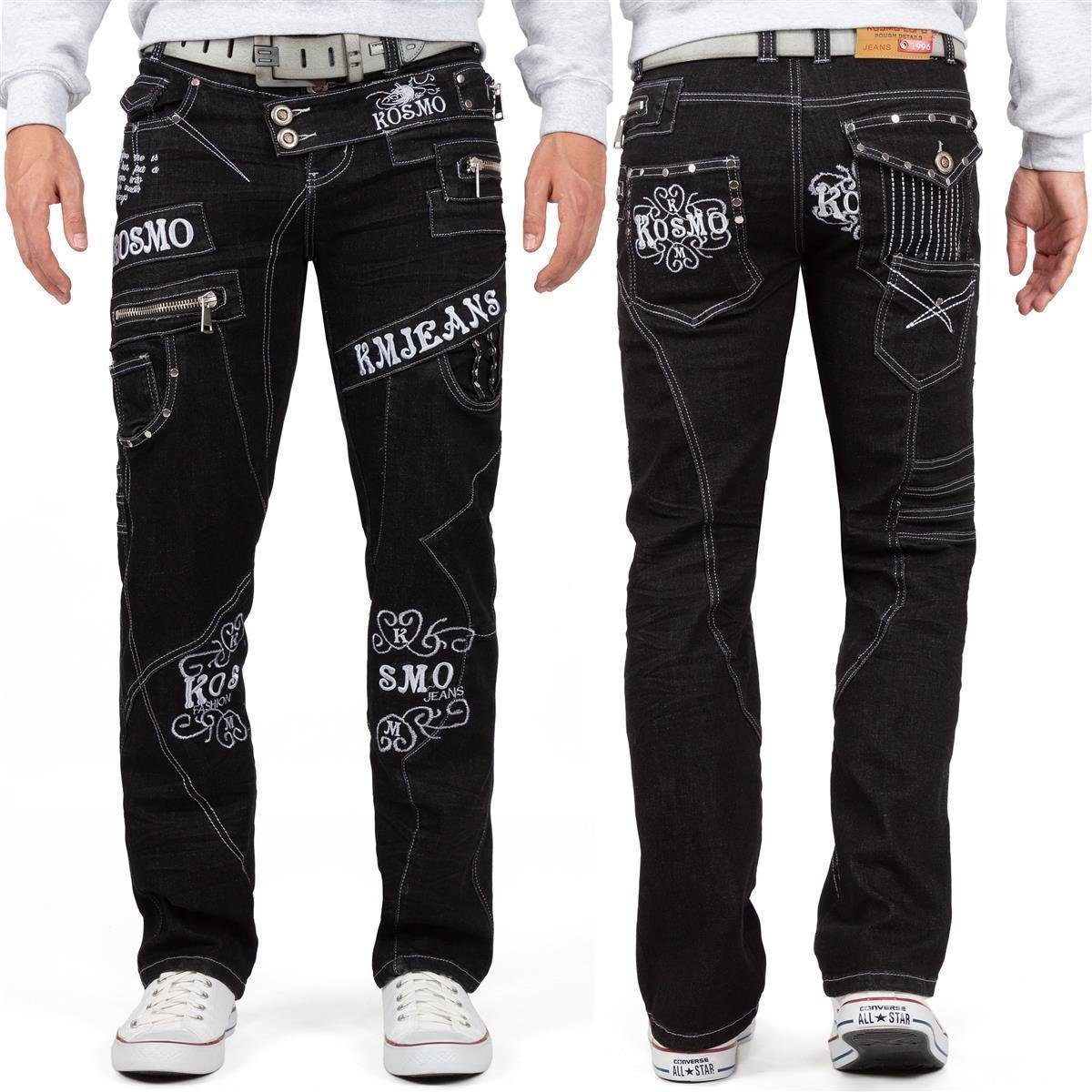 schwarz und Markante Auffällige Hose BA-KM051 Kosmo Herren Lupo 5-Pocket-Jeans Waschnung Verzierungen