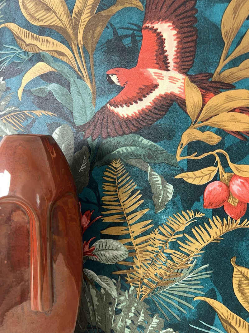 Newroom Vliestapete, Petrol Tapete Modern Dschungel - Mustertapete Blumentapete Grün Rot Tropisch Floral Palmenblätter Papagei für Wohnzimmer Schlafzimmer Küche