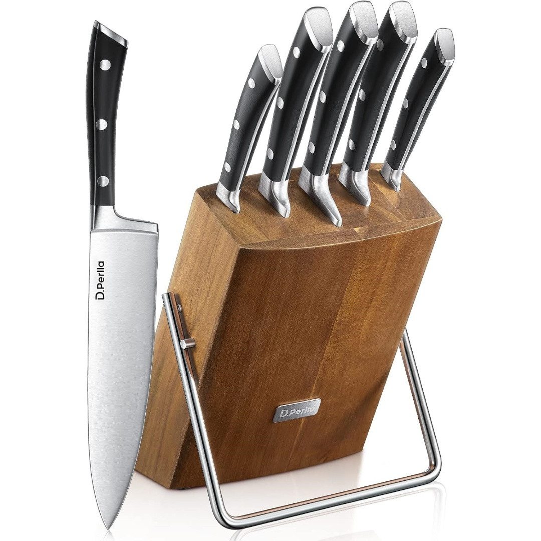 D.Perlla Messer-Set 6-teiliges Küchenmesserset aus X50CR15-Edelstahl, mit Holzblock (Set, 6-tlg), 3-Nieten-Konstruktion und ergonomischer Griff