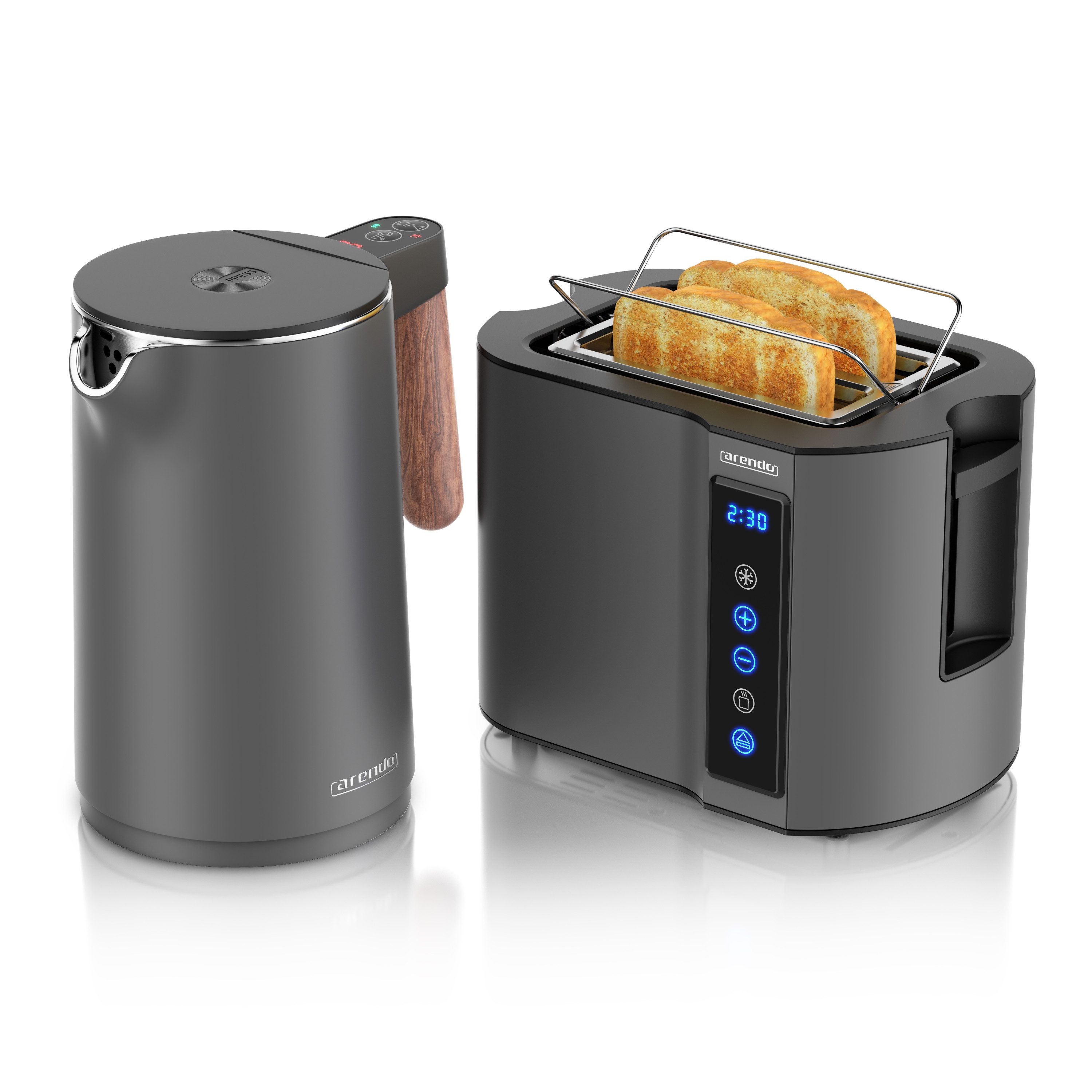 Arendo Frühstücks-Set Edelstahl Wasserkocher 1,5l, 2-Scheiben Kurzschlitz Toaster, Cool Grey (2-tlg), Wasserkocher mit Temperatureinstellung, Toaster Brötchenaufsatz, Touch