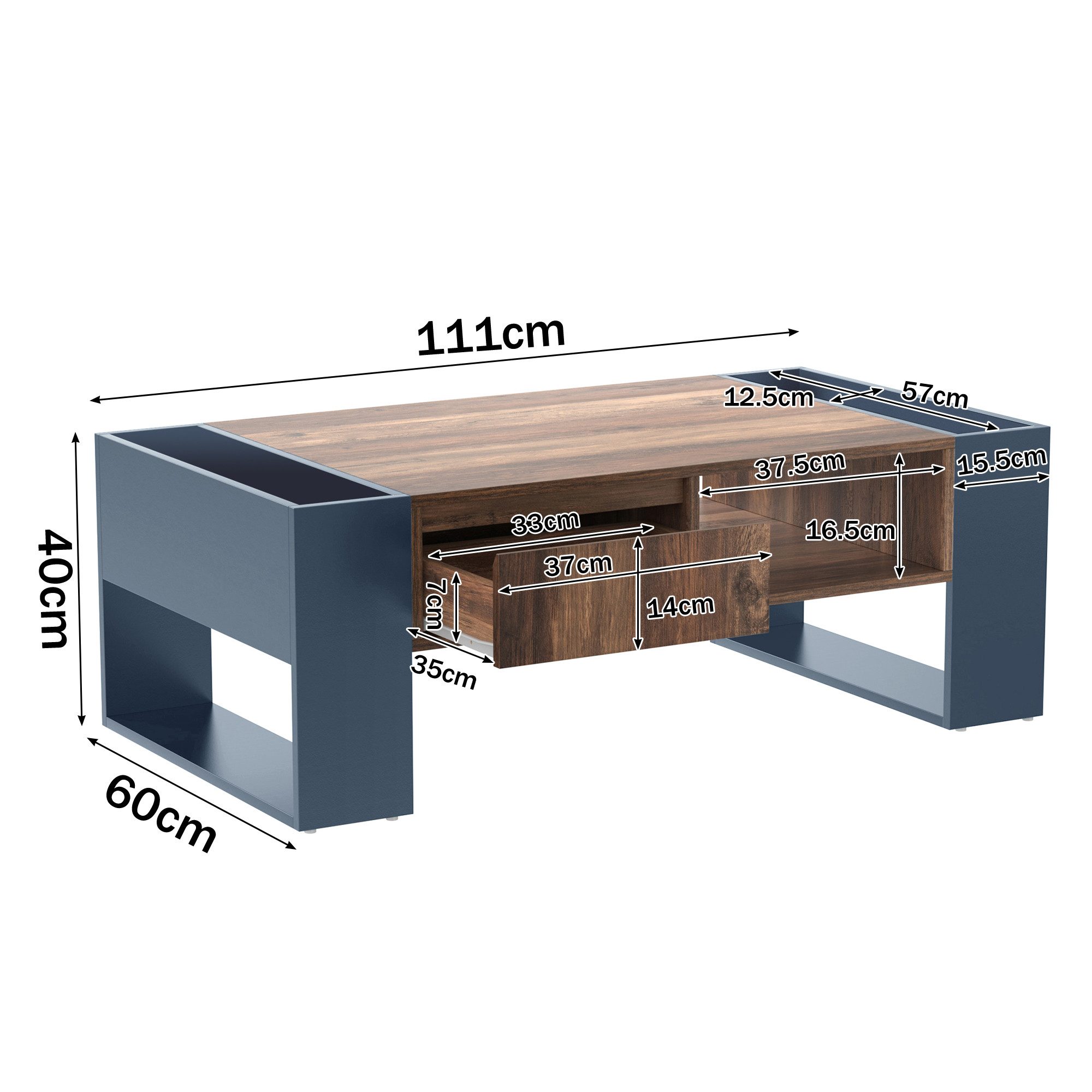 HAUSS SPOLE Couchtisch 111x40x60cm Holztisch mit Staufächern und Schublade (doppelseitiger Stauraum, Mit Staufächern auf beiden Seiten), mit Eine grifflose Schu – Bild 5 von 5