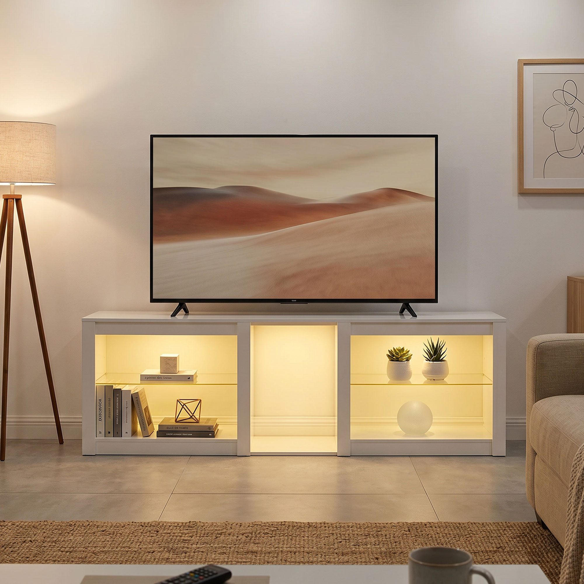 OKWISH TV-Schrank TV-Lowboard mit LED, TV-Möbel modern, Fernsehtisch 75 Zoll (Packung, 1-St., Weiß 160 x 35 x 52 cm, TV Board für Wohnzimmer Einrichtung) RGB-LED Beleuchtung, verstellbare Glasböden, Stauraum TV-Schrank