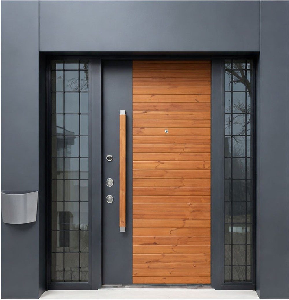 Xlmoebel Haustür Elegante grau-braune Eingangstür mit Holz-Stahl-Seitenscheiben, Made in Europa