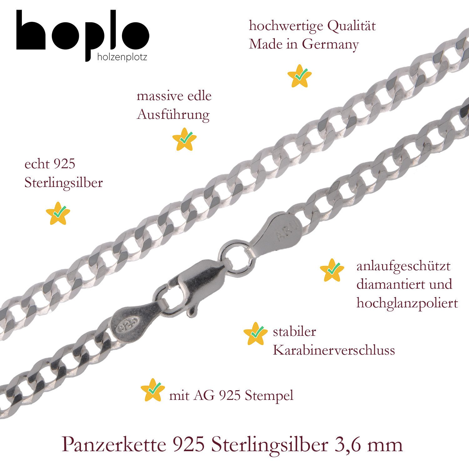 HOPLO Panzerkette Silberkette Panzerkette Halskette Breite 3,6 mm Länge 45 cm 925 Silber, Made in Germany