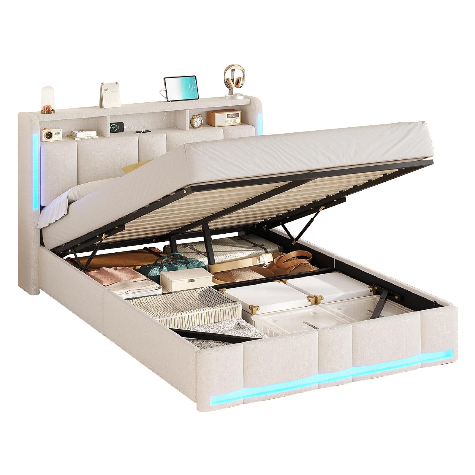 MSMASK Polsterbett mit Steckdosen & LED Beleuchtung, Stauraum und Kopfteil – Bild 3 von 5