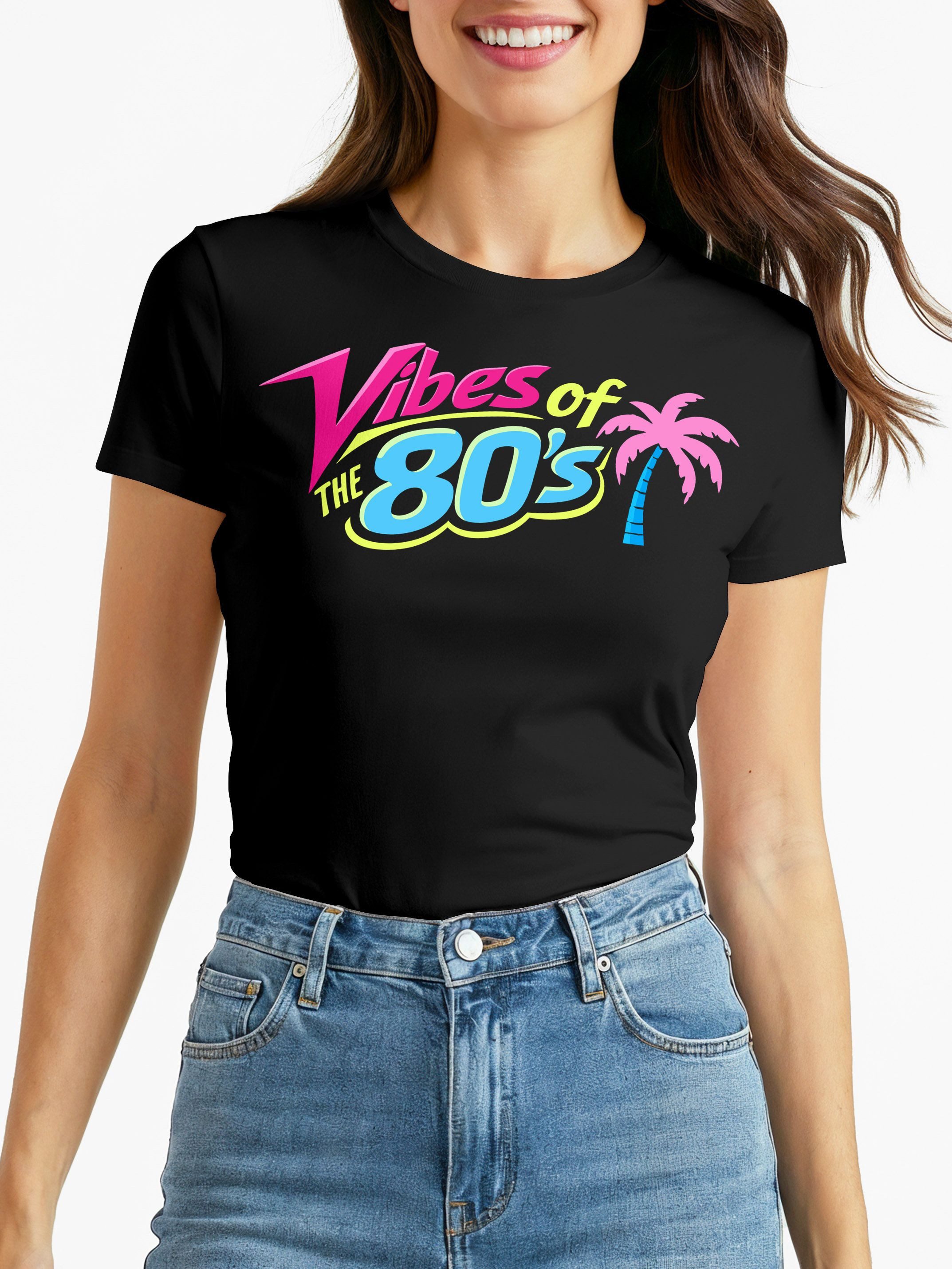 MoonWorks Print-Shirt Damen T-Shirt - Vibes of the 80s - Fasching Karneval Ersatz mit Print