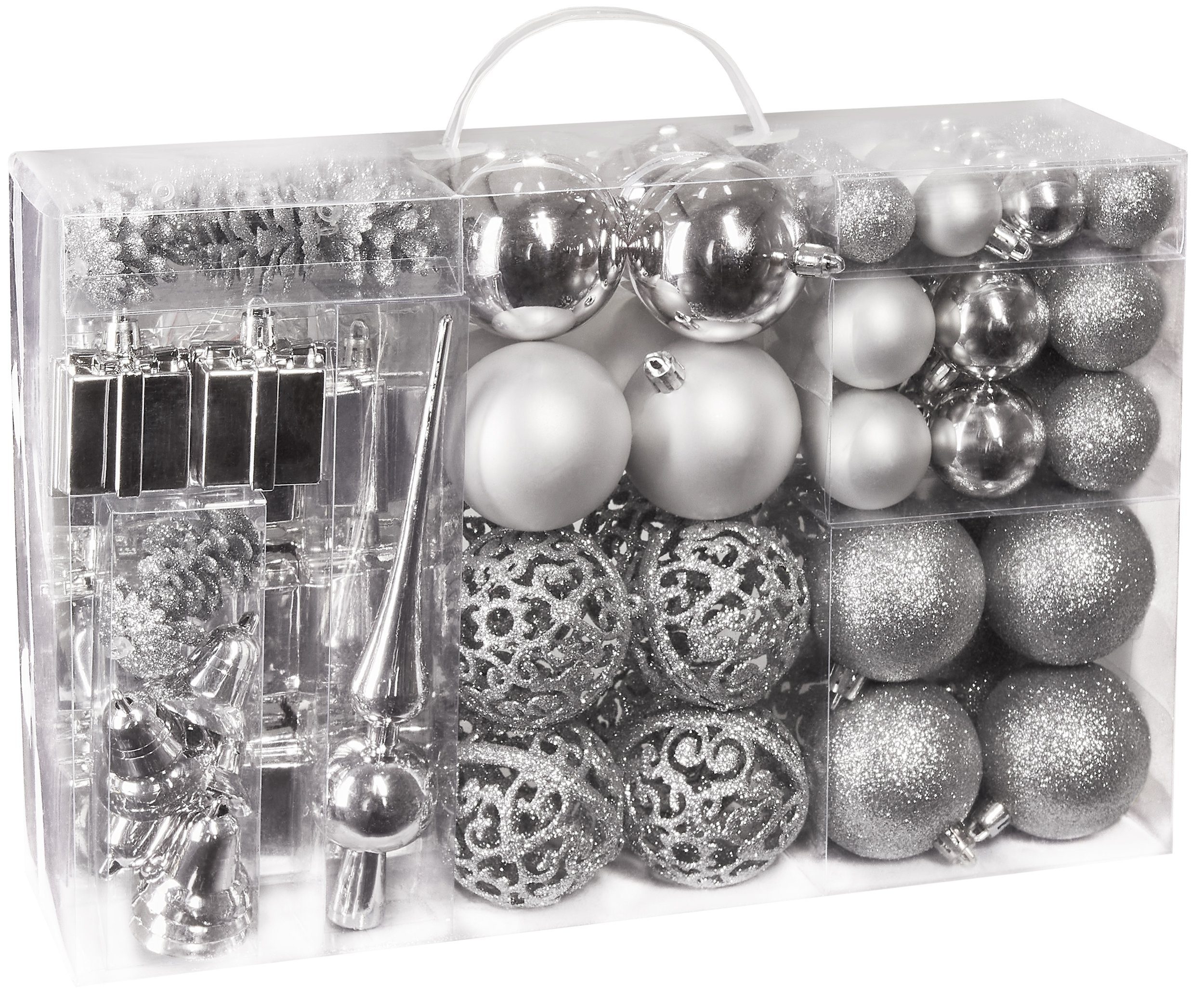 BRUBAKER Weihnachtsbaumkugel robust Weihnachtsdekoration 101-teiliges Christbaumschmuck und Kunststoff, edel Silber aus mit Baumspitze, Weihnachtskugel-Set