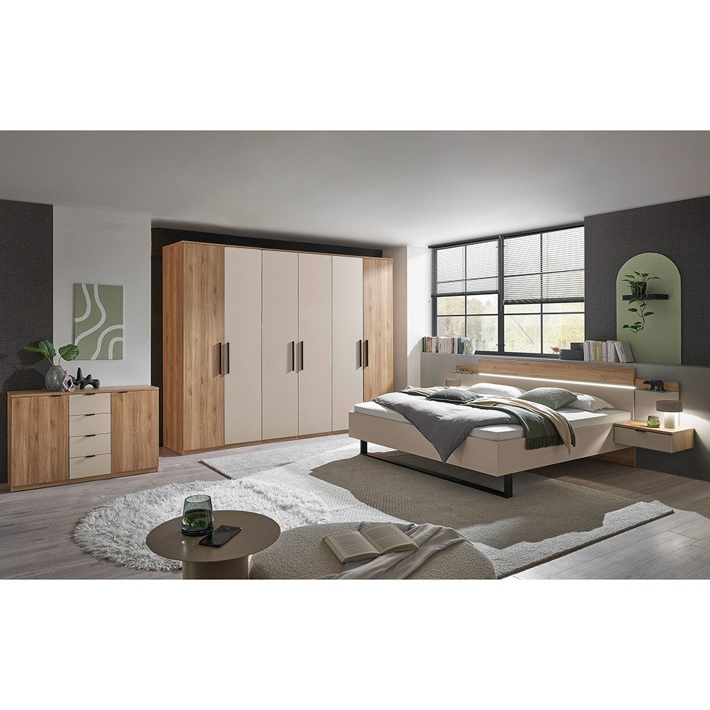 Lomadox Schlafzimmer-Set DAUSA-77, (Spar-Set, 3-tlg., Bettanlage Kleiderschrank Kommode), Eiche mit kaschmir, 3 Kleiderstangen, Bett 180x200cm und Nako-Paneel