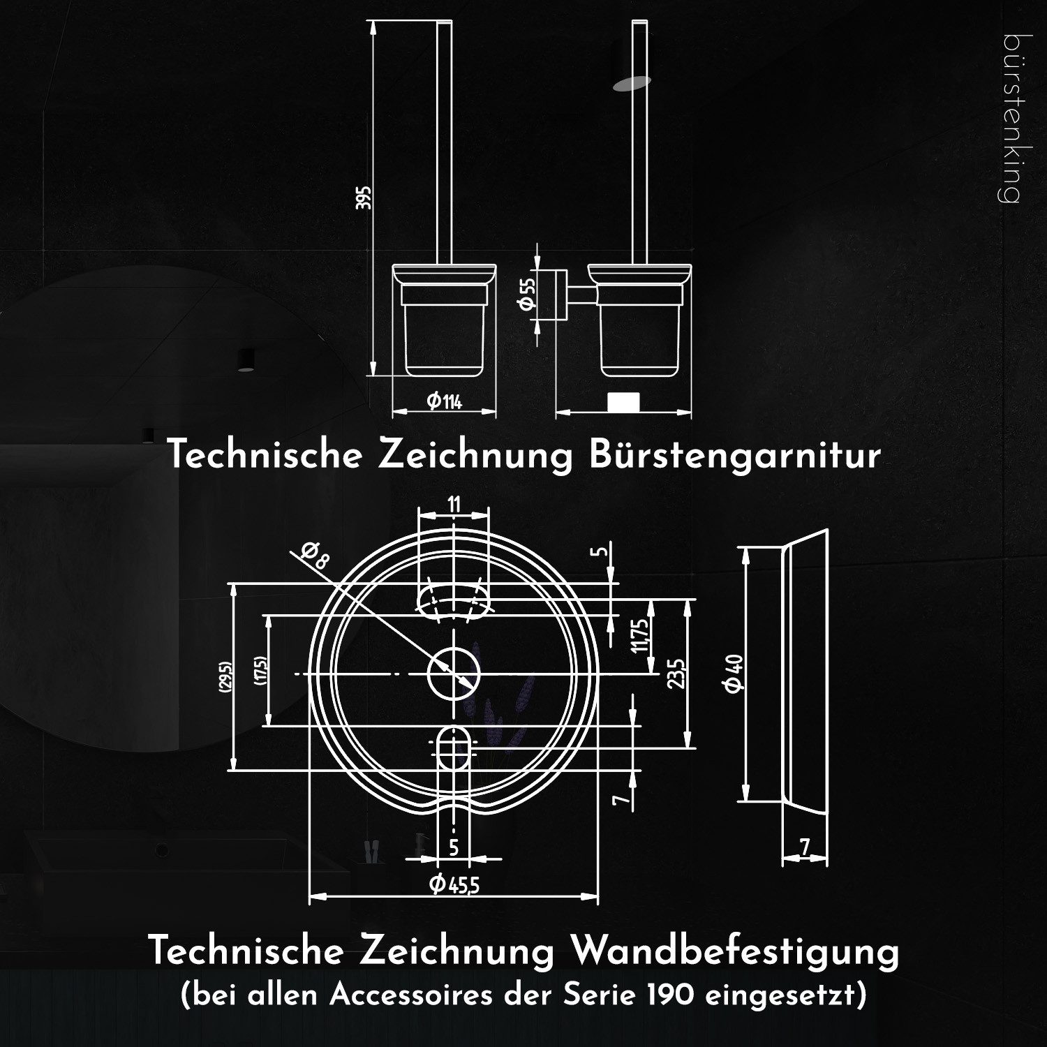 Bürstenking WC-Reinigungsbürste WC-Garnitur Toilettenbürste mit Halter – Edelstahl matt, Serie 190, (Serie 190, Serie 190), Rostfrei, langlebig, platzsparend, h – Bild 4 von 5