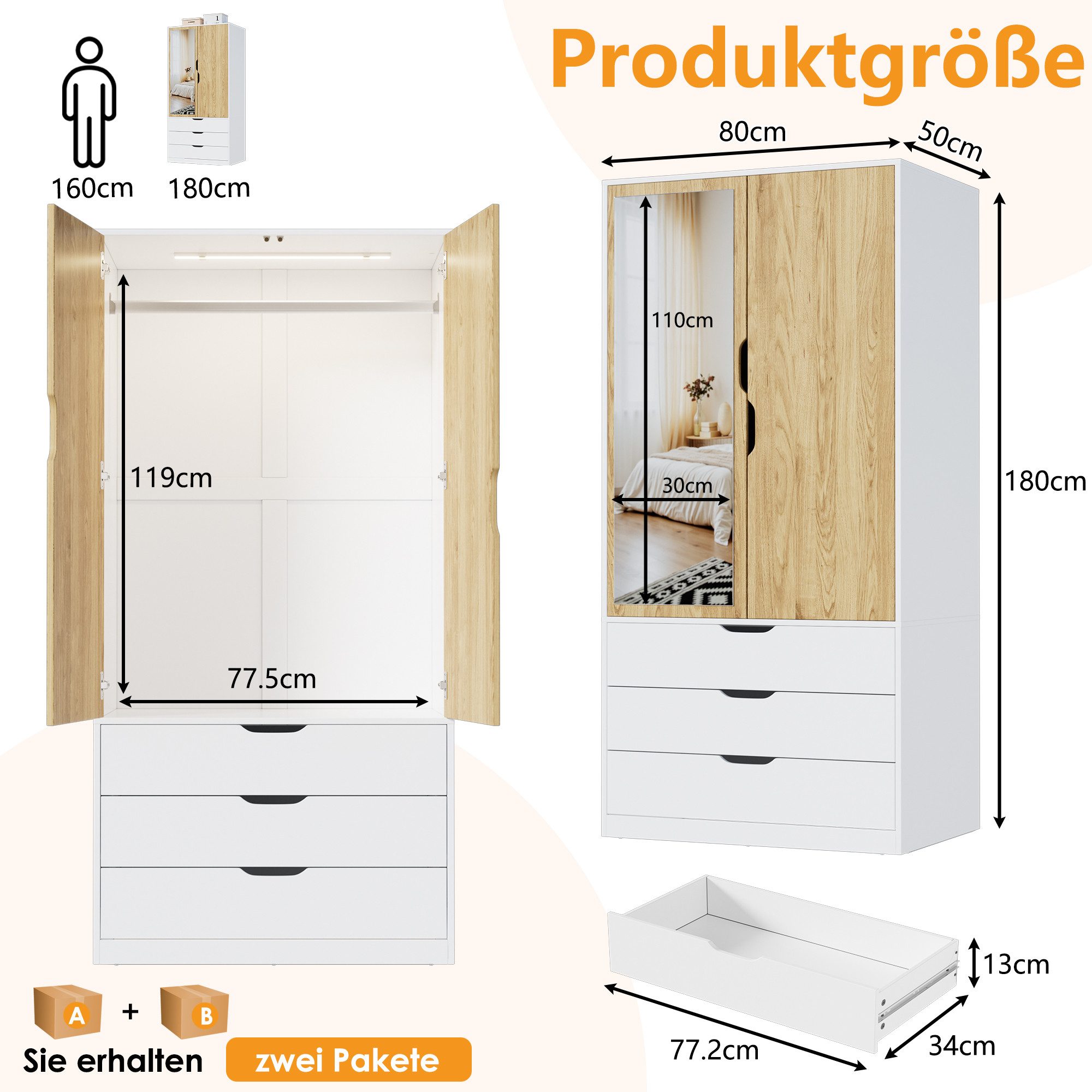 TWSOUL Kleiderschrank Garderobenschrank, 2 Türen und 3 Schubladen Spiegel&S günstig online kaufen