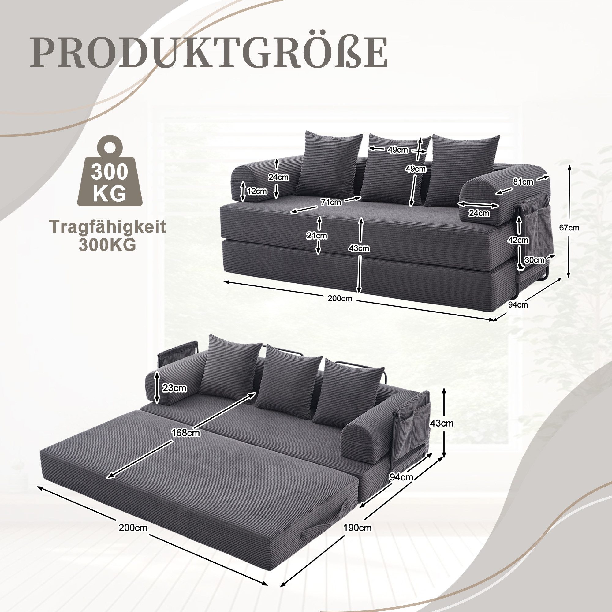 LVHOM Loungesofa faltbar mit Schlaffunktion, Stabil-/abnehmbarer Außenrahmen aus Metall, frei kombinierbar, Liege- oder Klappsofa, 3 Kissen, Hochelastischer Schaumstoff, weicher Cordstoff, Praktische Seitentaschen zur Aufbewahrung, Ideal für flexible Raumgestaltung in Wohn- oder Kleinwohnungen, Tragfähigkeit 300kg, als Gästebett nutzbar,Arbeitszimmer/Wohnzimmer