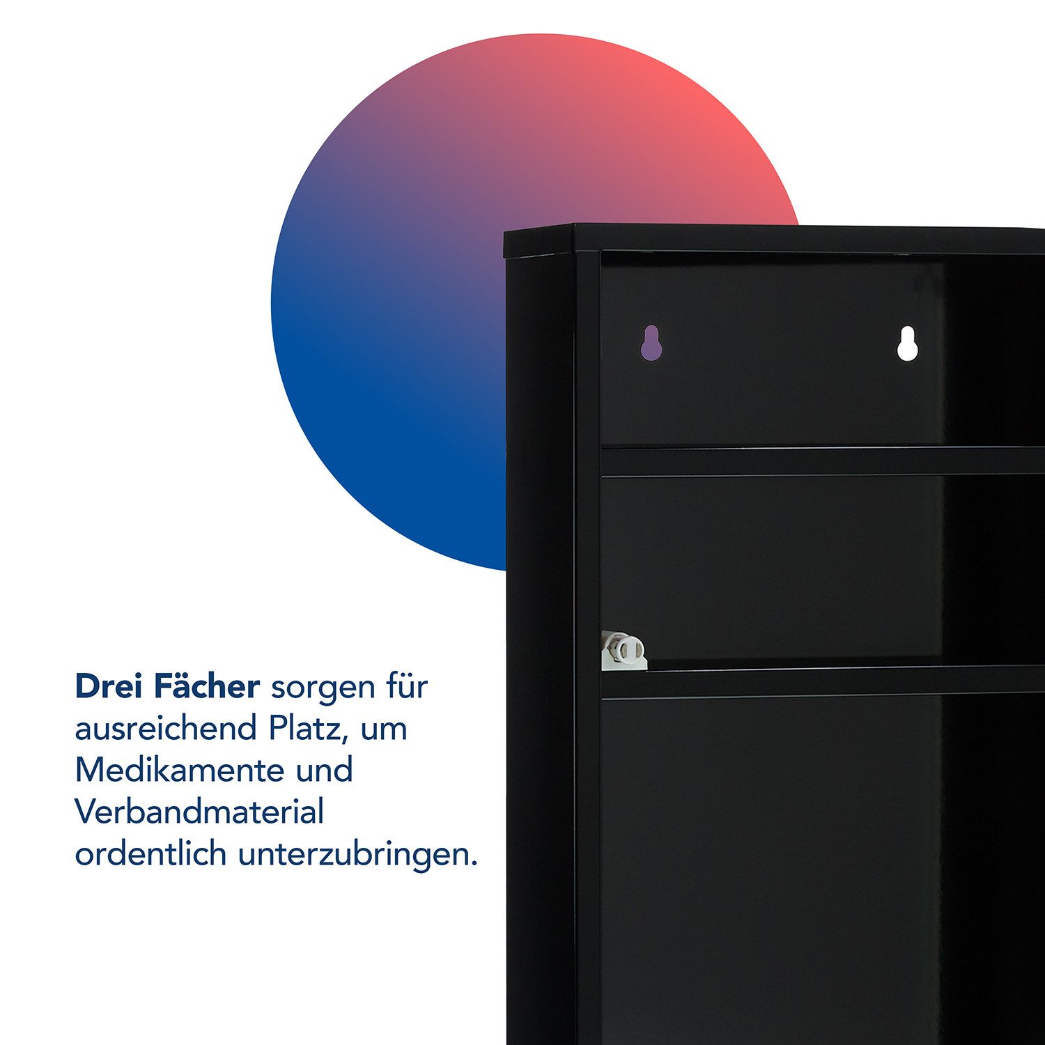 FIRST AID ONLY® Medizinschrank Medizinschrank Schwarz mit Glastür 3 Fächer, abschließbar Medikamentenschrank als Hängeschrank 50 x 30 x 12 cm