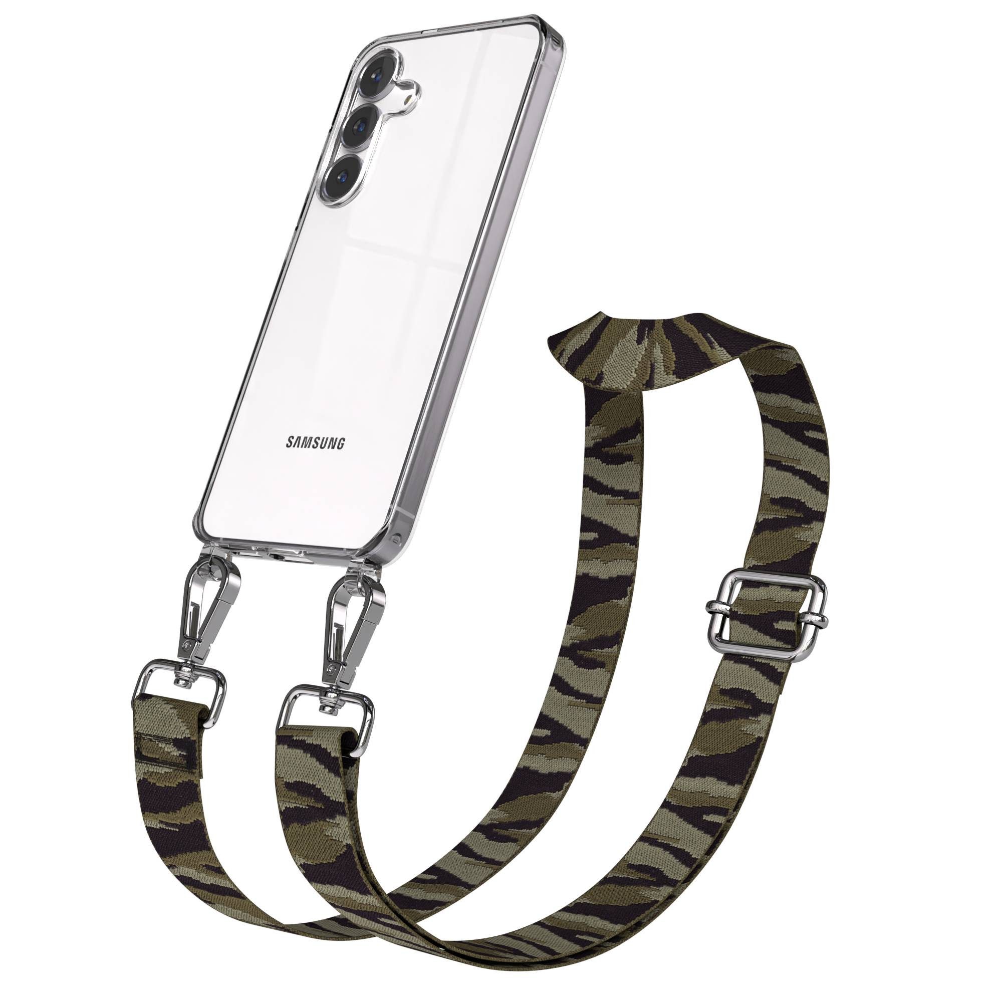 EAZY CASE Handykette Umhängeband für Samsung Galaxy S25 FE 6,7 Zoll, Handyhülle mit Camouflage Kette Crossbody Funktion Grün