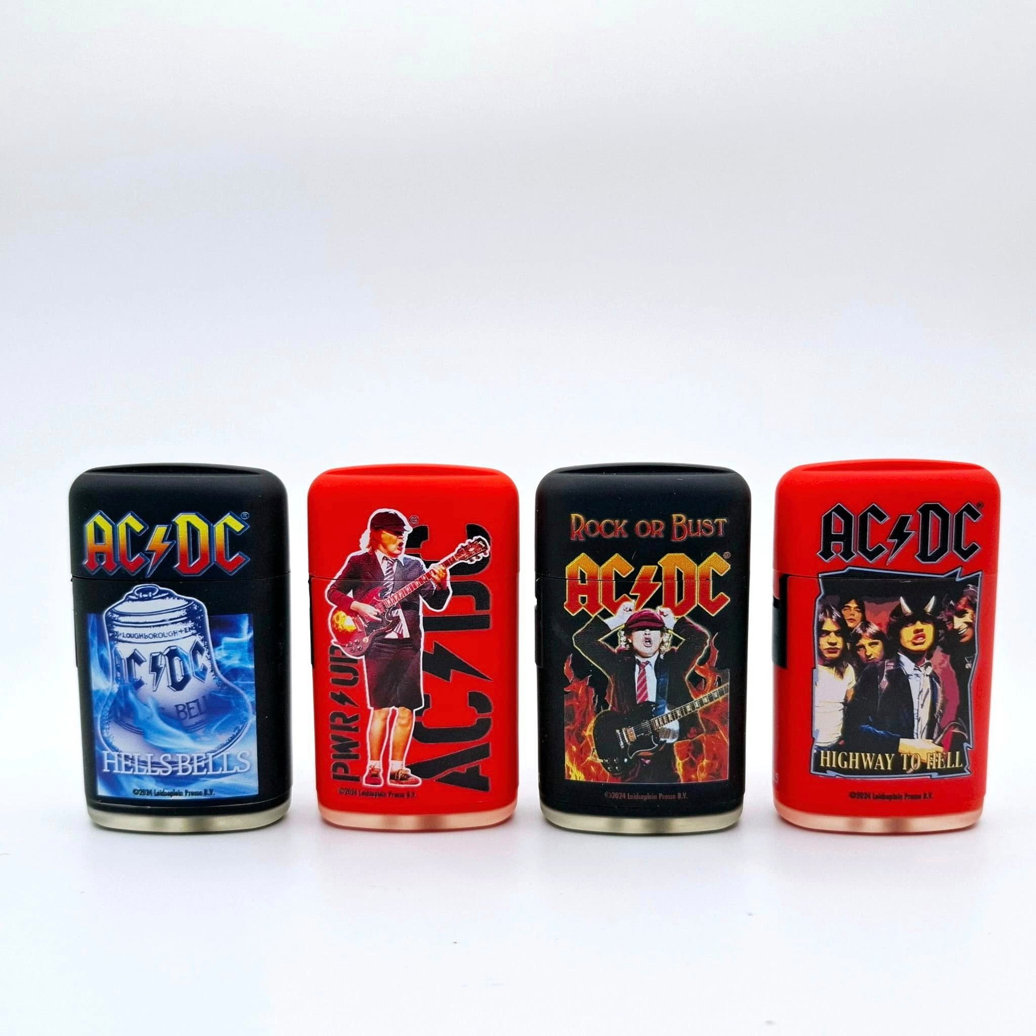 AC/DC Feuerzeuge Neuheit 2025, 4x Torch Feuerzeug Fanartikel in 4 Motiven rot schwarz (4-St), HIGHWAY TO HELL,ROCK OF BUST, HELLS BELLS, PWR UP