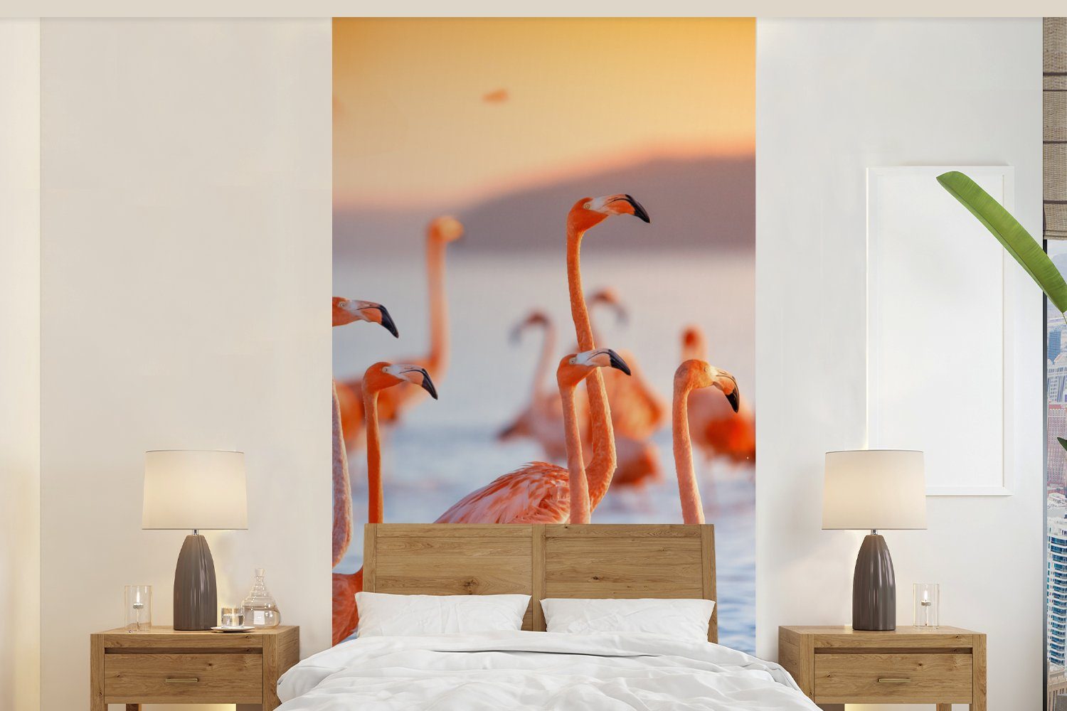 Tiere Schlafzimmer Küche, St), - Fototapete Flamingo (2 Vliestapete Wasser Fototapete - bedruckt, Matt, - für Wohnzimmer MuchoWow Rosa,