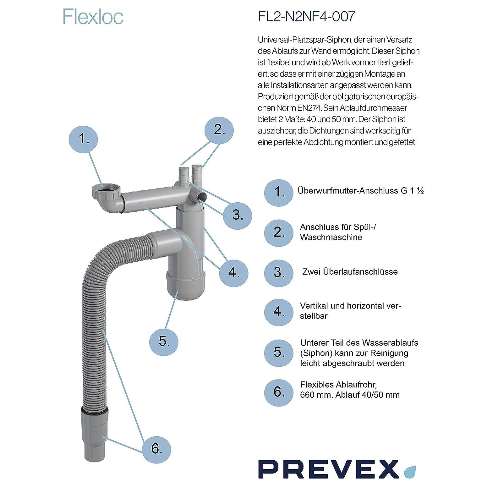 Prevex Siphon FL1-N2NF4-007, (1-tlg), PREVEX Flexloc Universal-Platzspar-Siphon für Küchenspüle