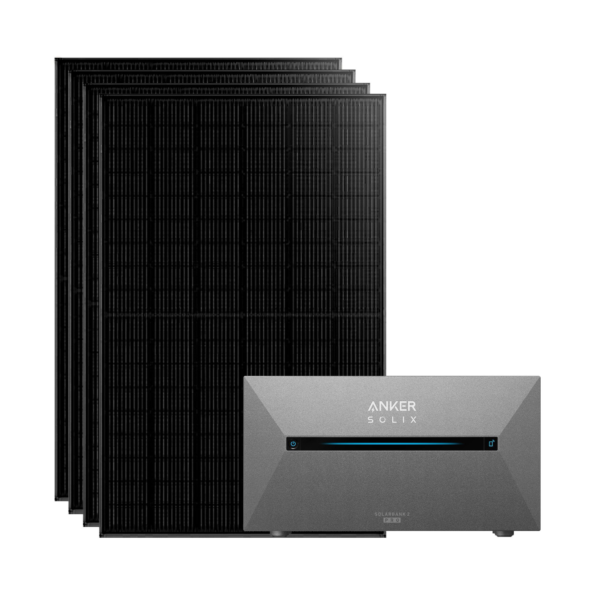 Anker Balkonkraftwerk Solix 1780W Photovoltaikanlage Komplettset mit Solarbank E1600 2 Pro, 1780 W, N typ Glas-Glas, Vollschwarz, (4-St., 4 Solarmodule+1 Anker Solix E1600 2 Pro+0/1 Smarte Meter +0/1/2 BP1600), integriertem Wechselrichter, Wifi, Bluetooth, IP67