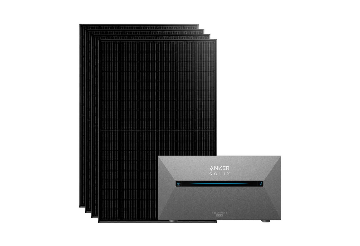 Anker Balkonkraftwerk Solix 1820W Photovoltaikanlage Komplettset mit Solarbank E1600 2 Pro, 1820 W, N typ Glas-Glas, Vollschwarz, (Set, 4-St., 4 Solarmodule+1 Anker Solix 2 Pro+0/1 Smarte Meter +0/1/2 BP1600), integriertem Wechselrichter, Wifi, Bluetooth,