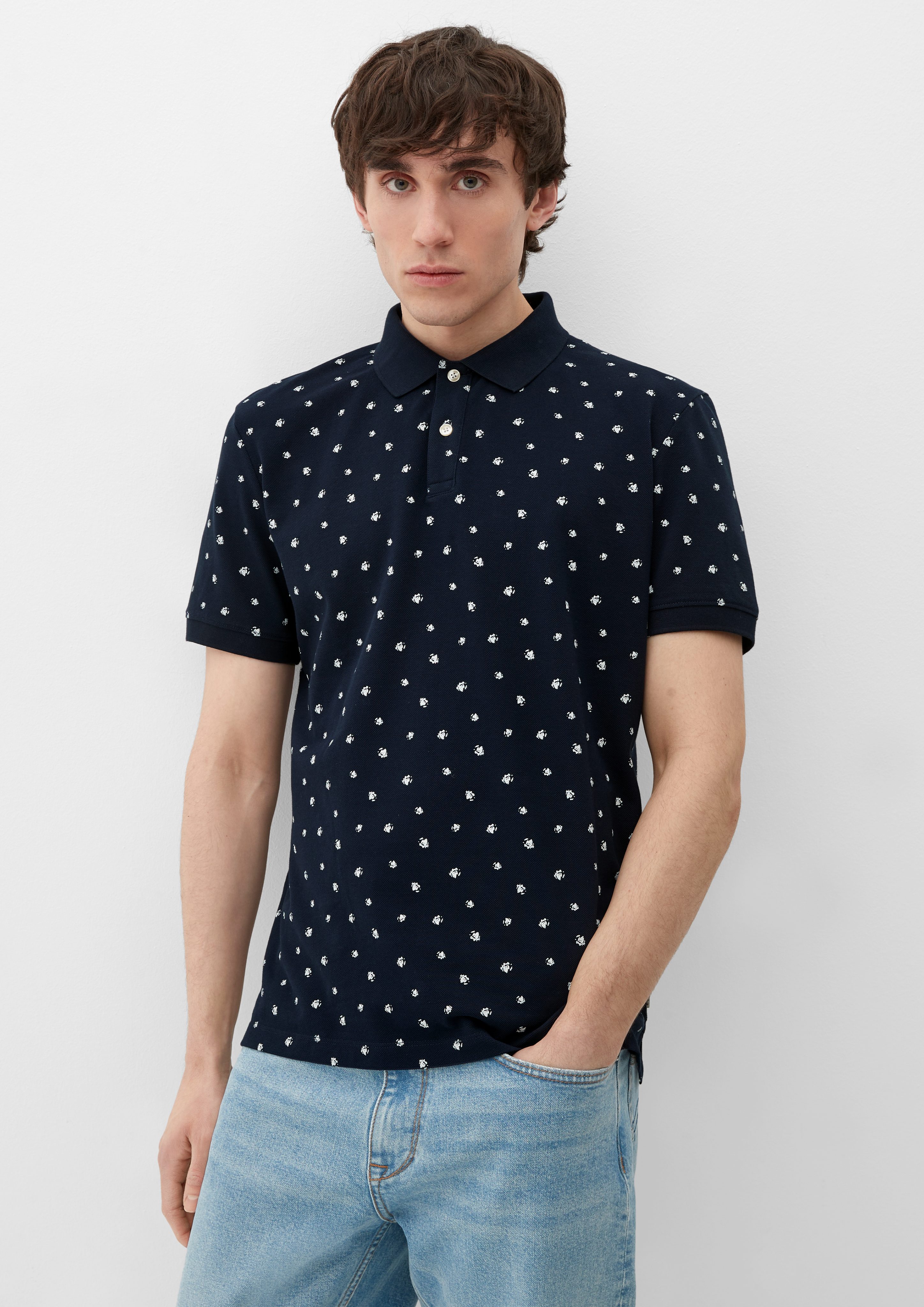 s.Oliver Kurzarmshirt Poloshirt mit Allover-Print navy | T-Shirts