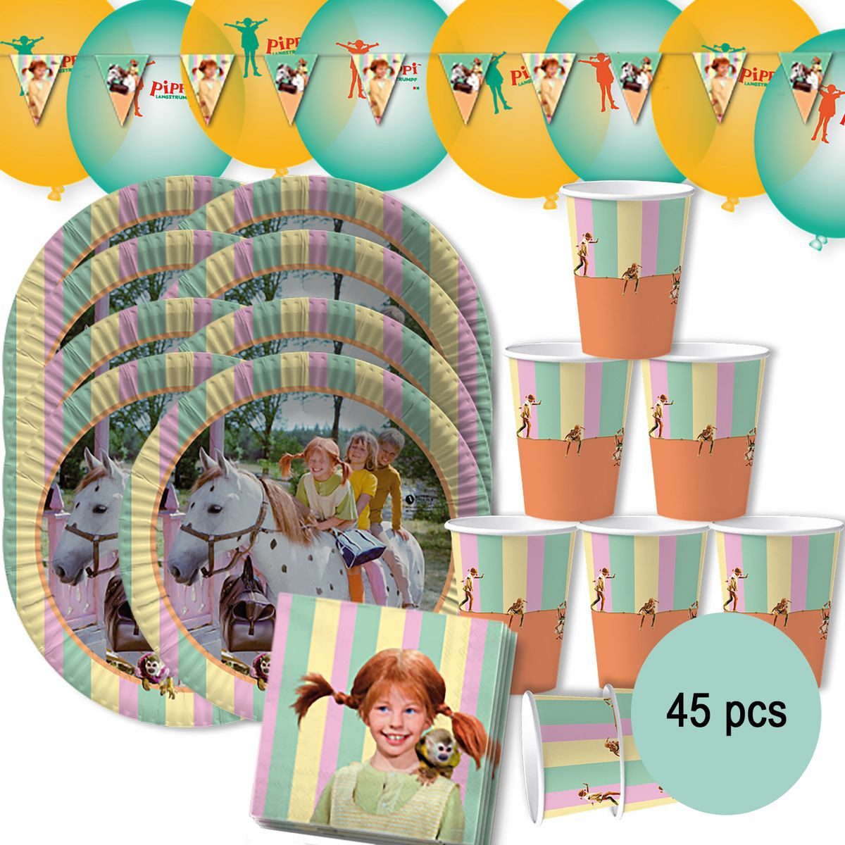 dh konzept Papierdekoration Pippi Langstrumpf Party Set 45 Teile für Kinder