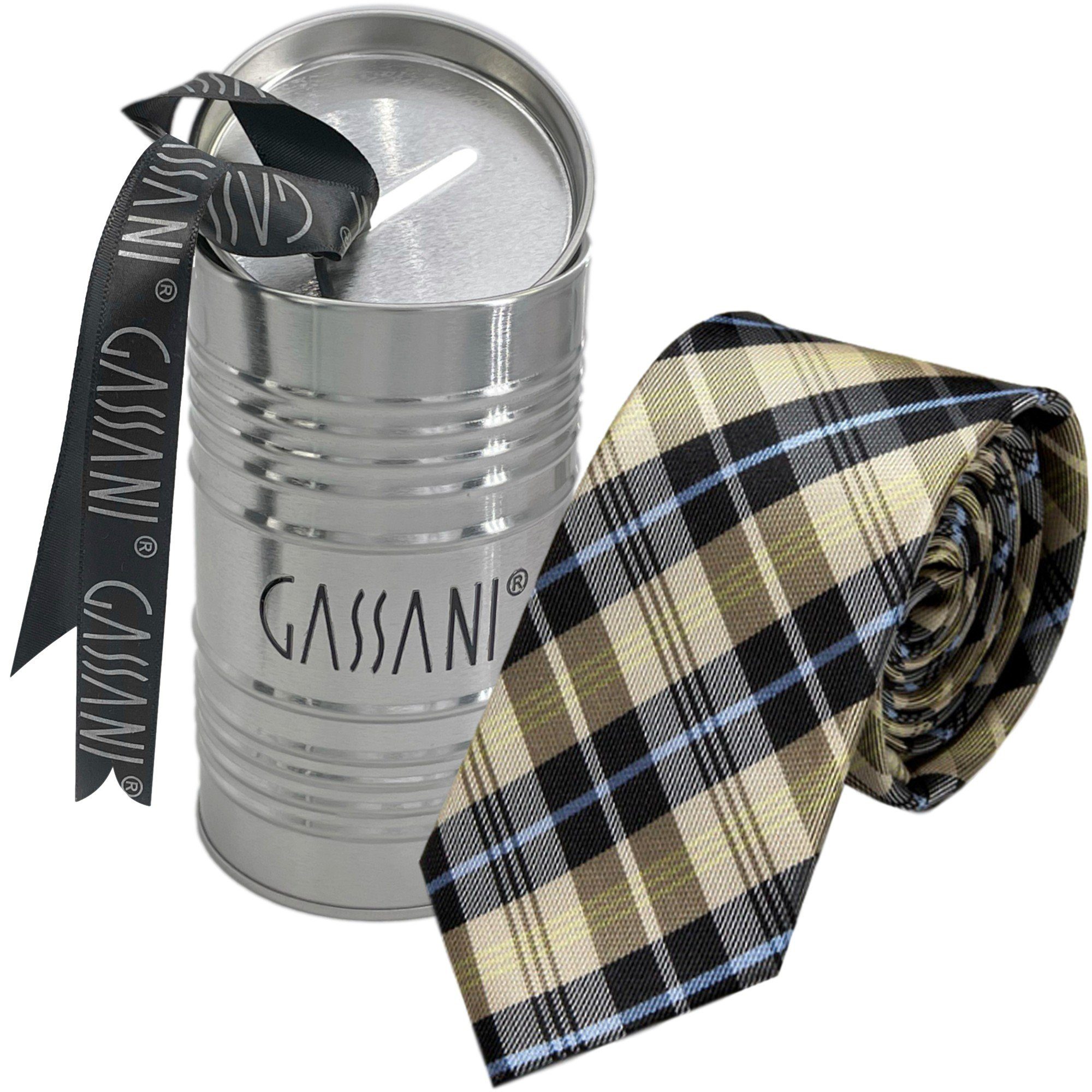 GASSANI Krawatte Karo Herren-Schlips 2-St., Tartan, Anzug Geschenk-Box Männer Glencheck-Design, Plaid, Streifen, Seide-Touch Natur zum Schotten-Karo, Helles Businesskrawatte, Slim Geschenkverpackung) Blech-Spardose, Schmal Binder, Kariert Hell-Braun Pastell-Blau Feinen Sakko Karomuster, Retro (Set, Hell-Blau Ecru Braun inkl mit Beige Dose In Schwarz Himmelblau