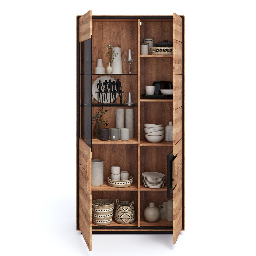 Lomadox Vitrine WOODBRIDGE-69 in Eiche massiv geölt, 100 cm breit, Hirnholz, montiert