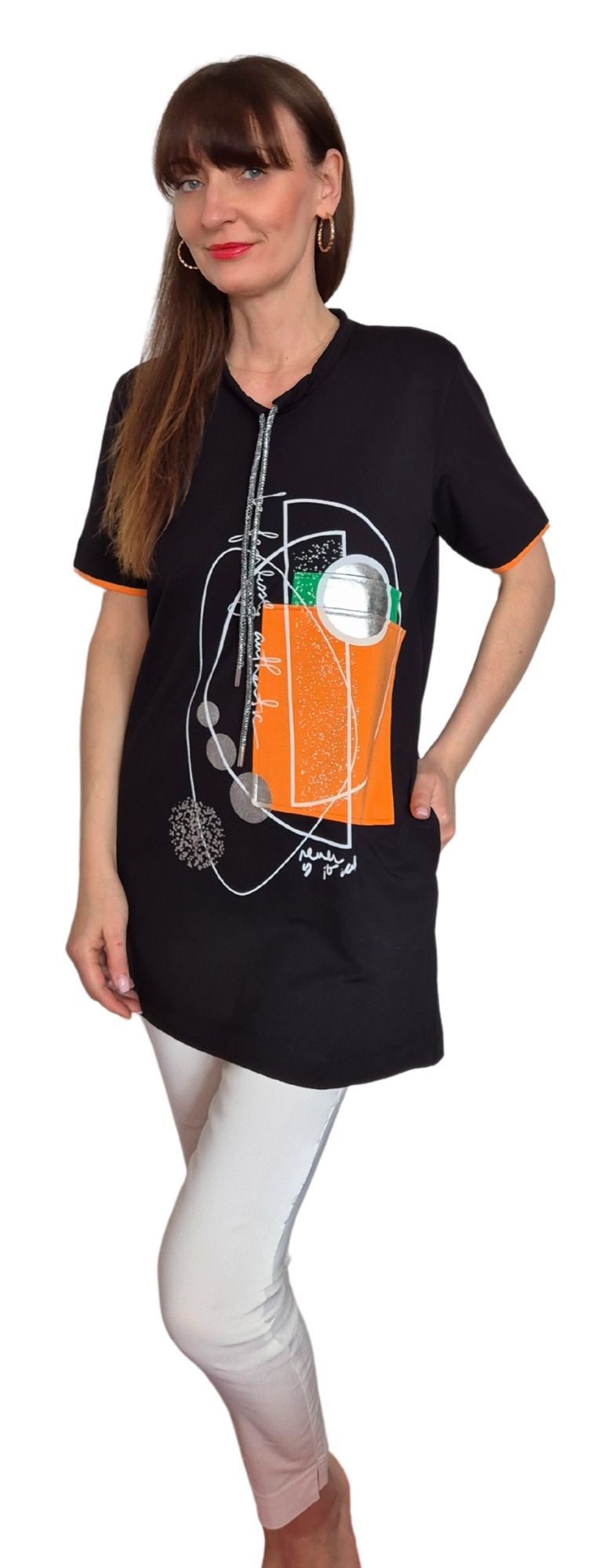 Estefania for woman Tunika 190-1122, mit abstraktem Druck und Tunnelzug im Kragen Ausschnitt mit Kordel, Kordelenden aus Metall, überlappender Ärmelsaum