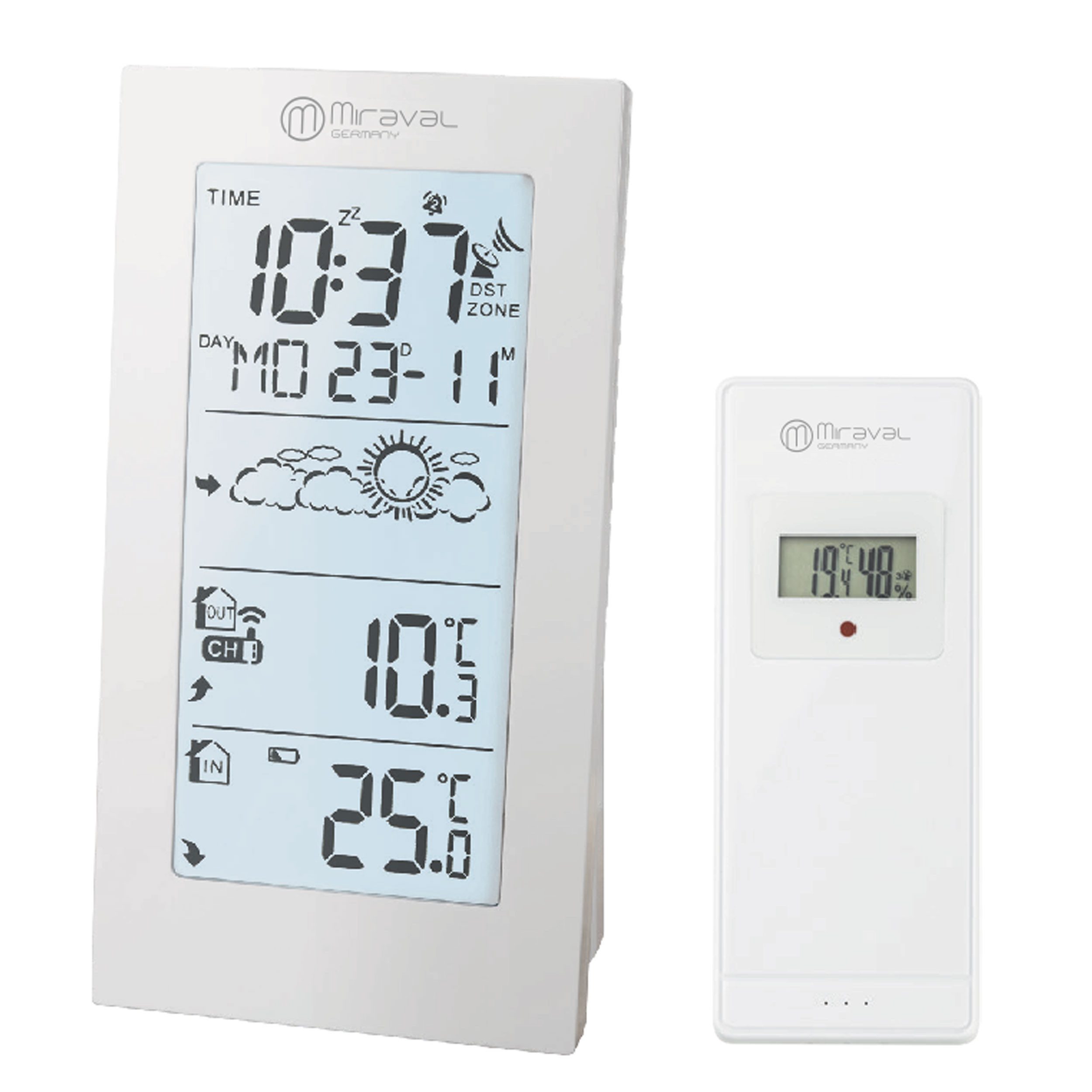 Miraval Klimamesser Miraval Funk-Wetterstation Basic, (Inklusive Akku), DCF77, Außensensor, Wetteranzeige, 2 Alarme